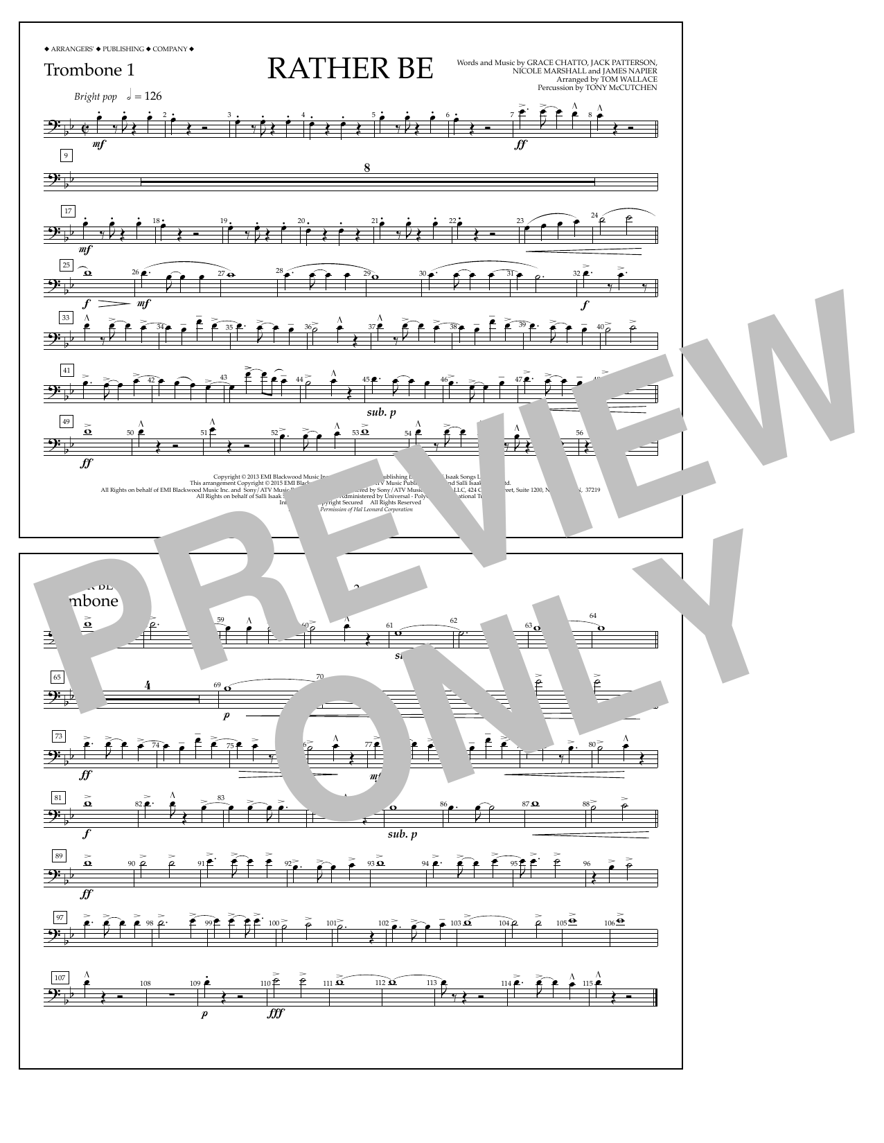 Tom Wallace Rather Be - Trombone 1 sheet music notes and chords arranged for Marching Band
