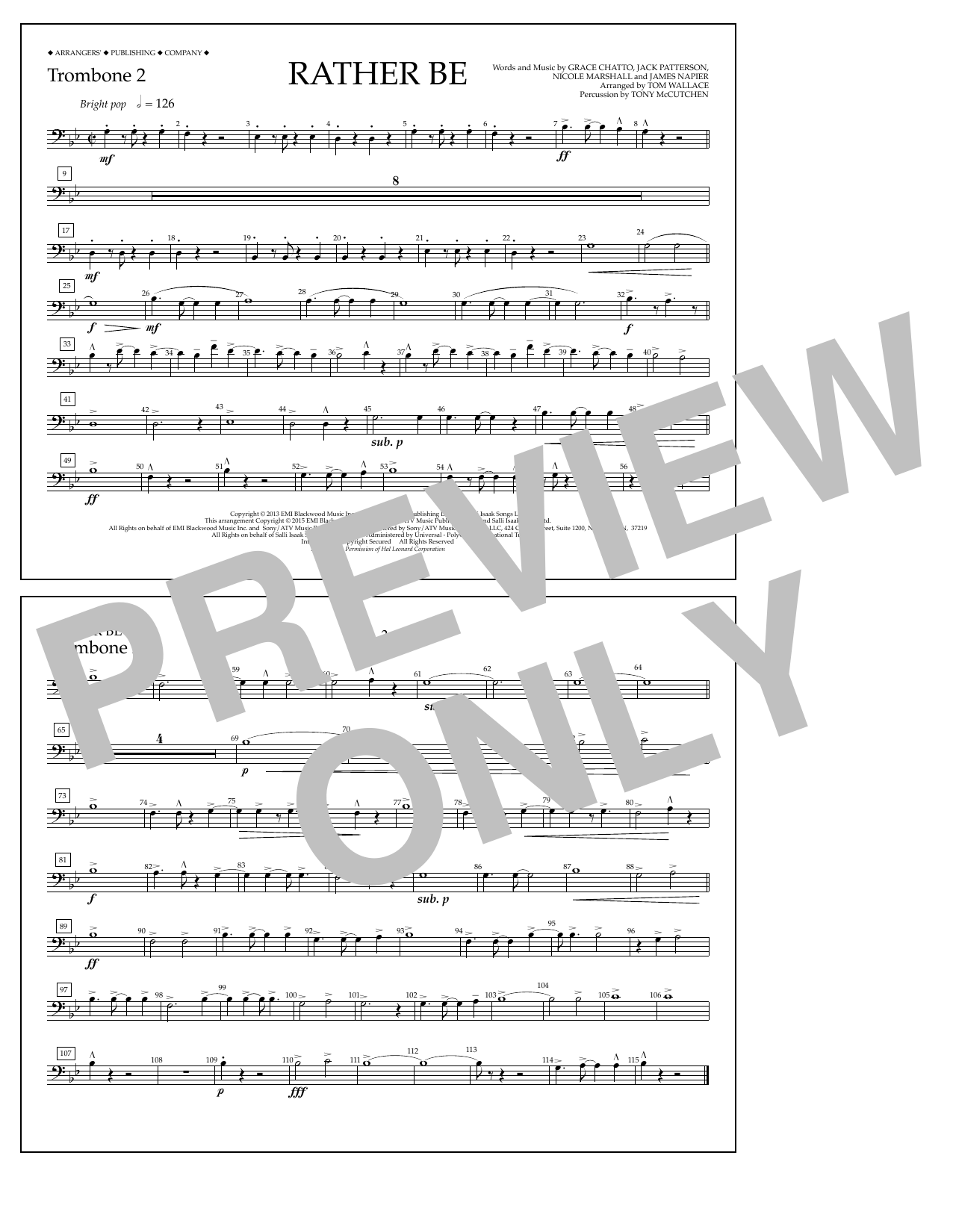 Tom Wallace Rather Be - Trombone 2 sheet music notes and chords arranged for Marching Band
