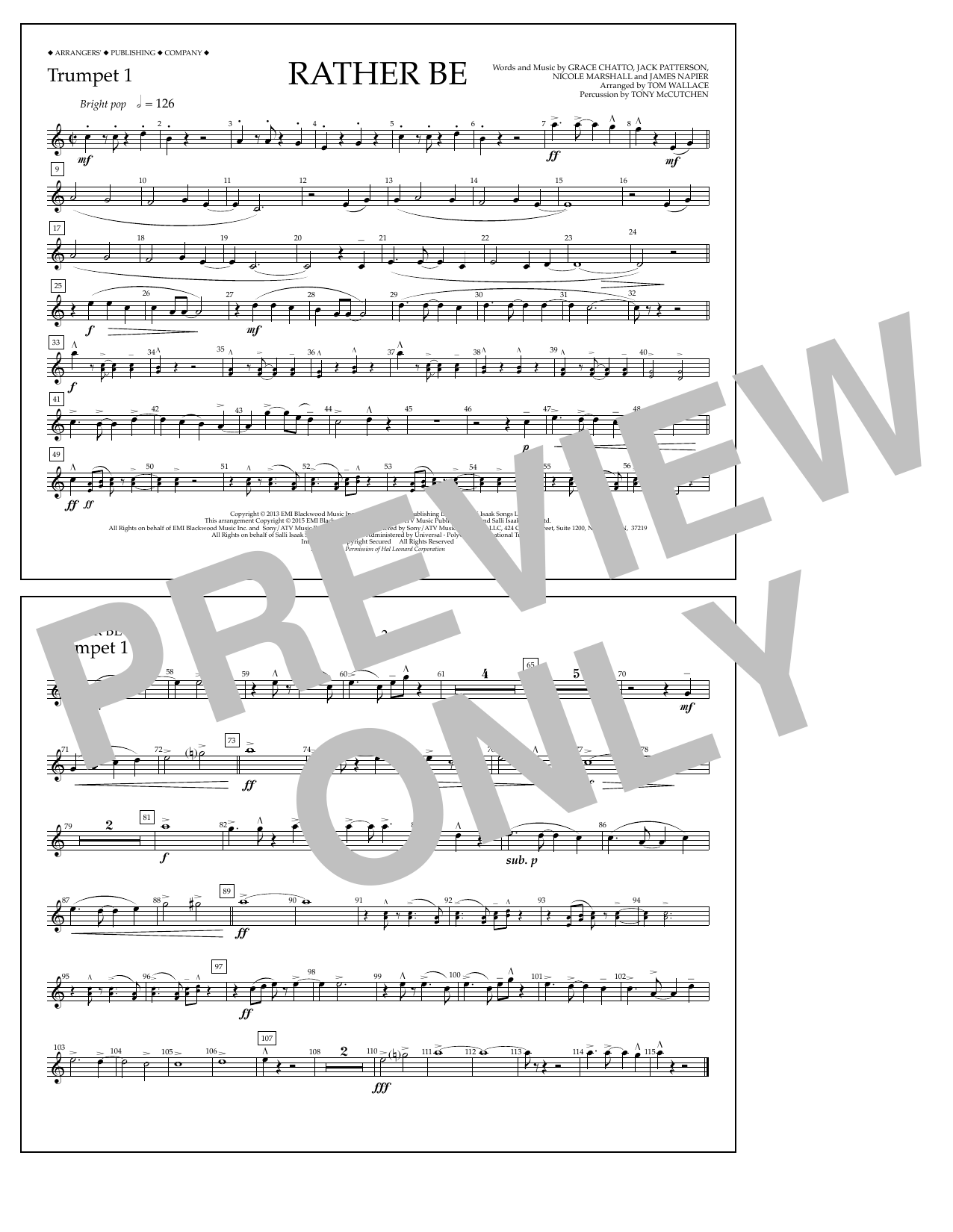Tom Wallace Rather Be - Trumpet 1 sheet music notes and chords arranged for Marching Band
