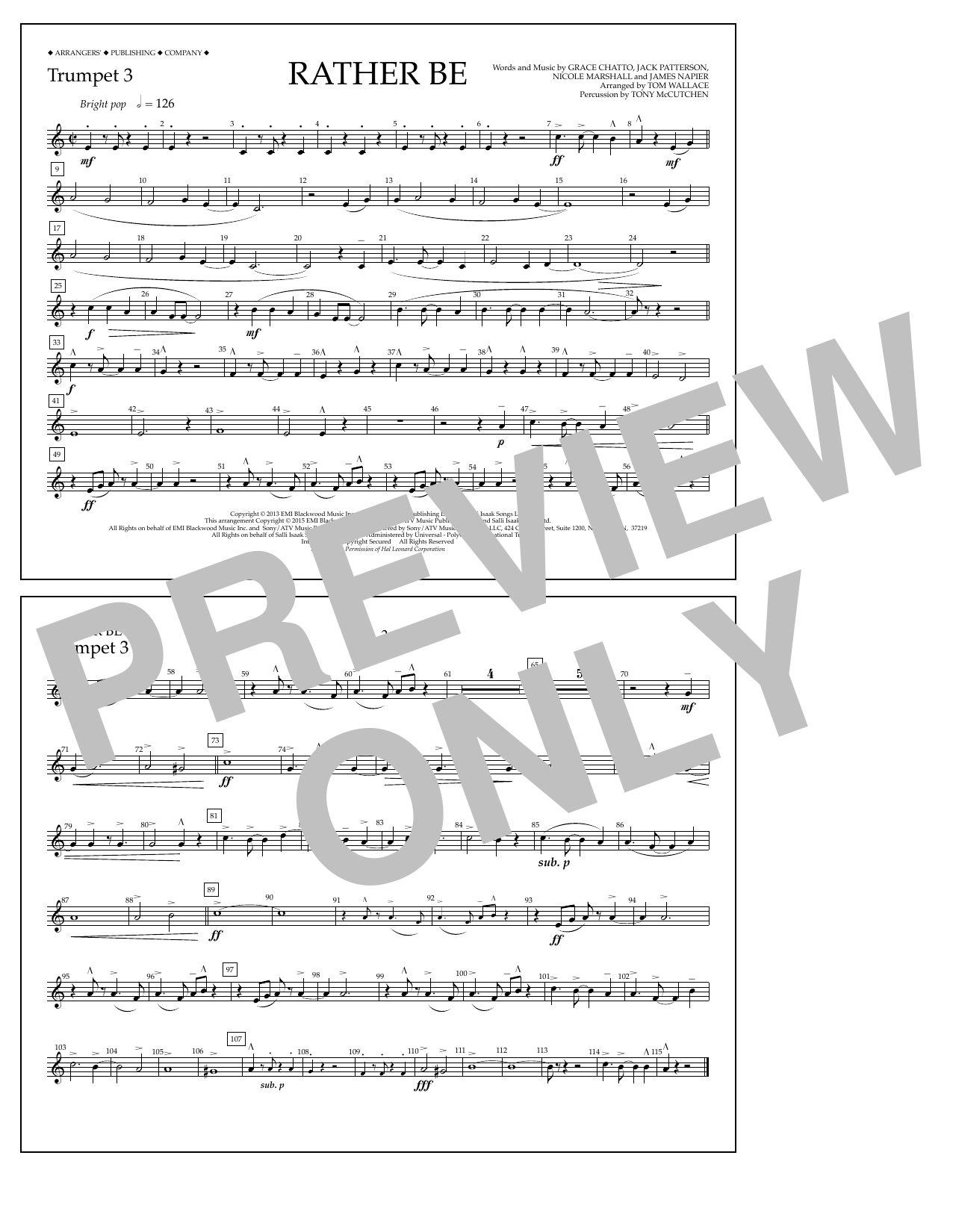 Tom Wallace Rather Be - Trumpet 3 sheet music notes and chords arranged for Marching Band