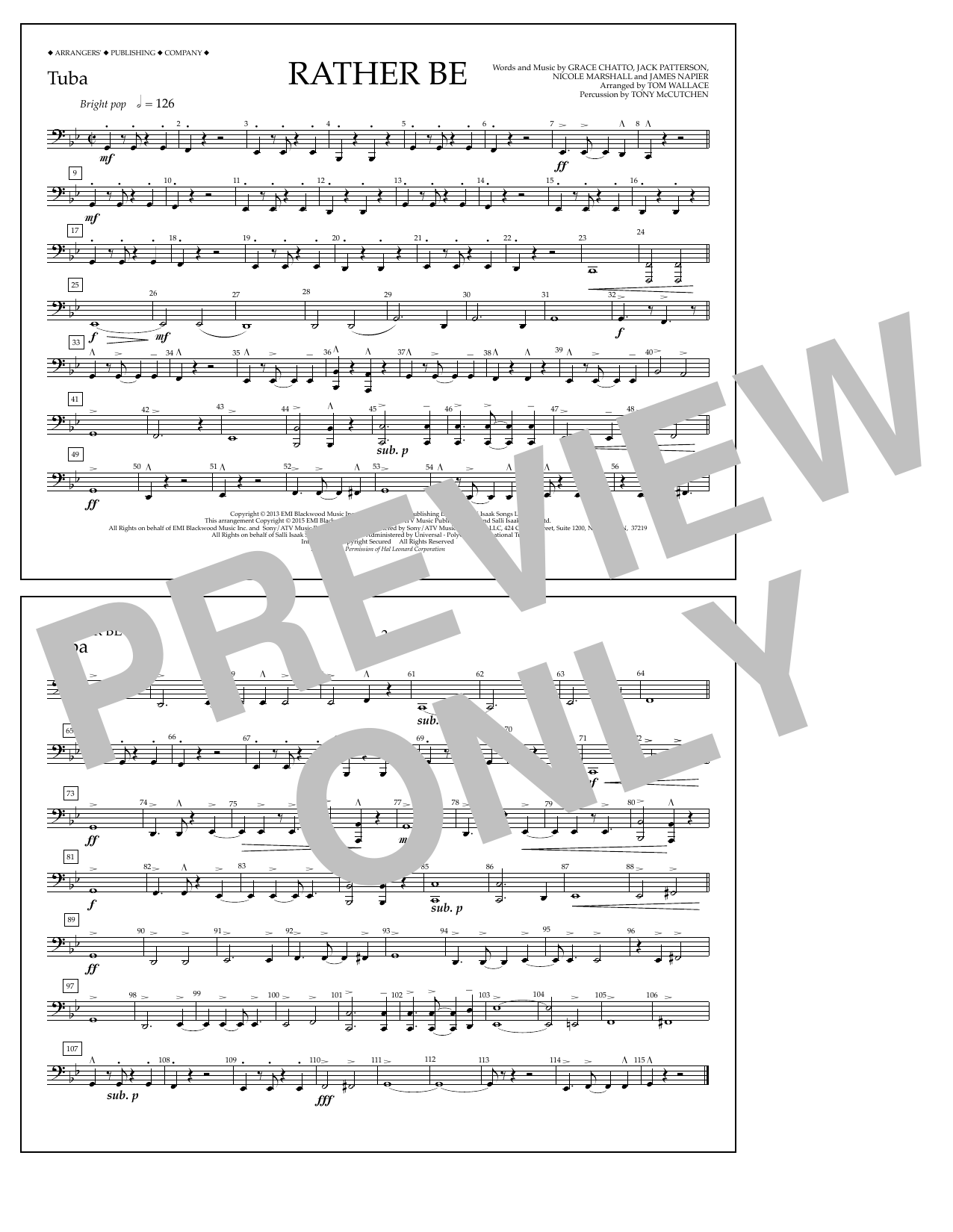 Tom Wallace Rather Be - Tuba sheet music notes and chords arranged for Marching Band