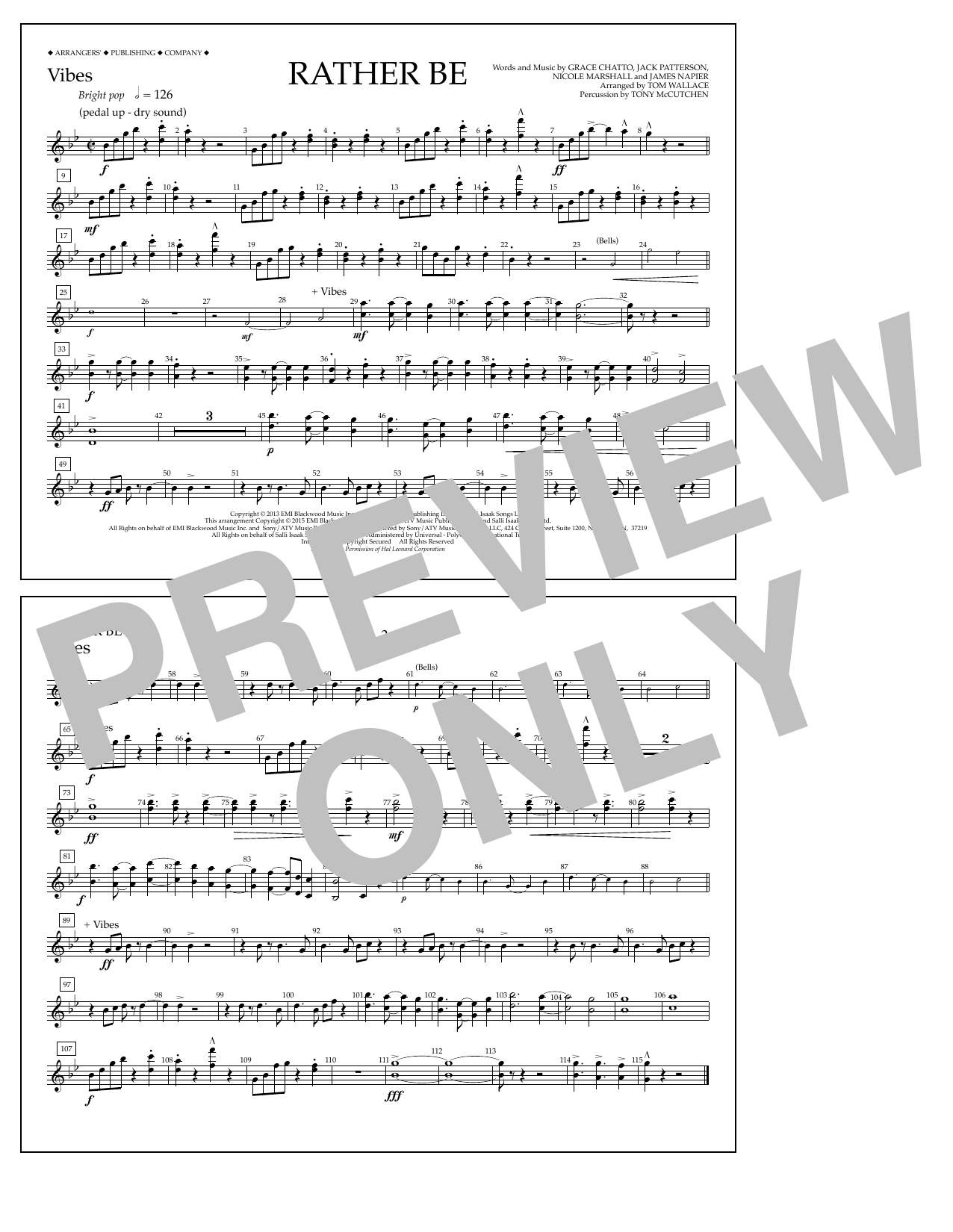 Tom Wallace Rather Be - Vibes sheet music notes and chords arranged for Marching Band