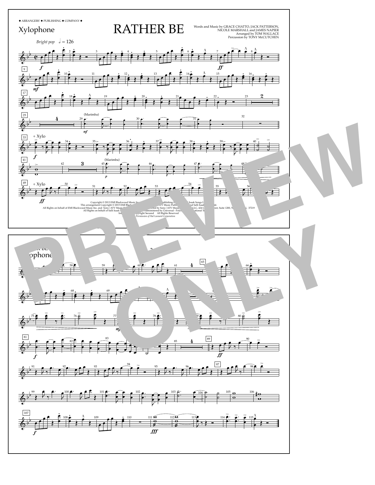 Tom Wallace Rather Be - Xylophone sheet music notes and chords arranged for Marching Band