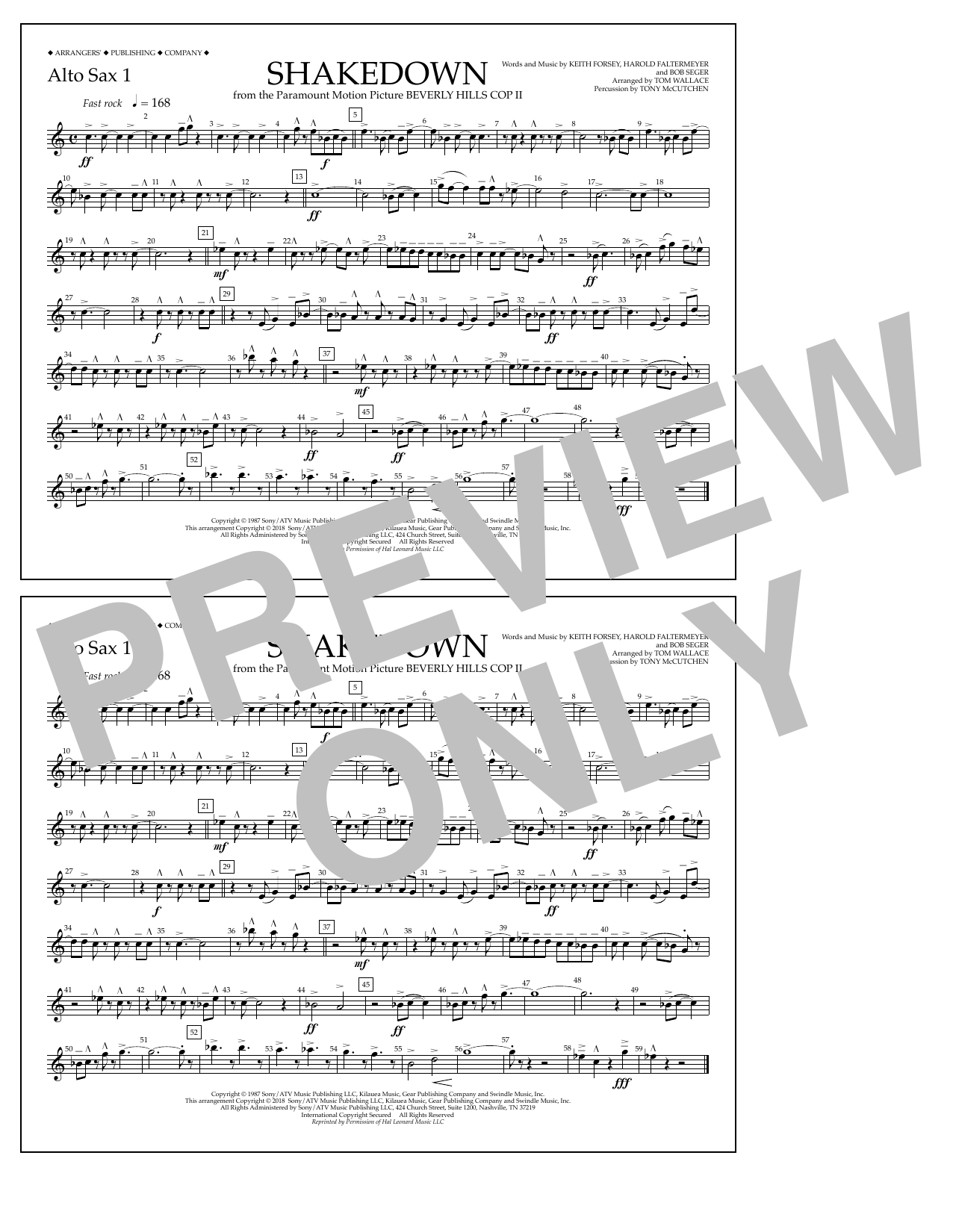 Tom Wallace Shakedown - Alto Sax 1 sheet music notes and chords arranged for Marching Band