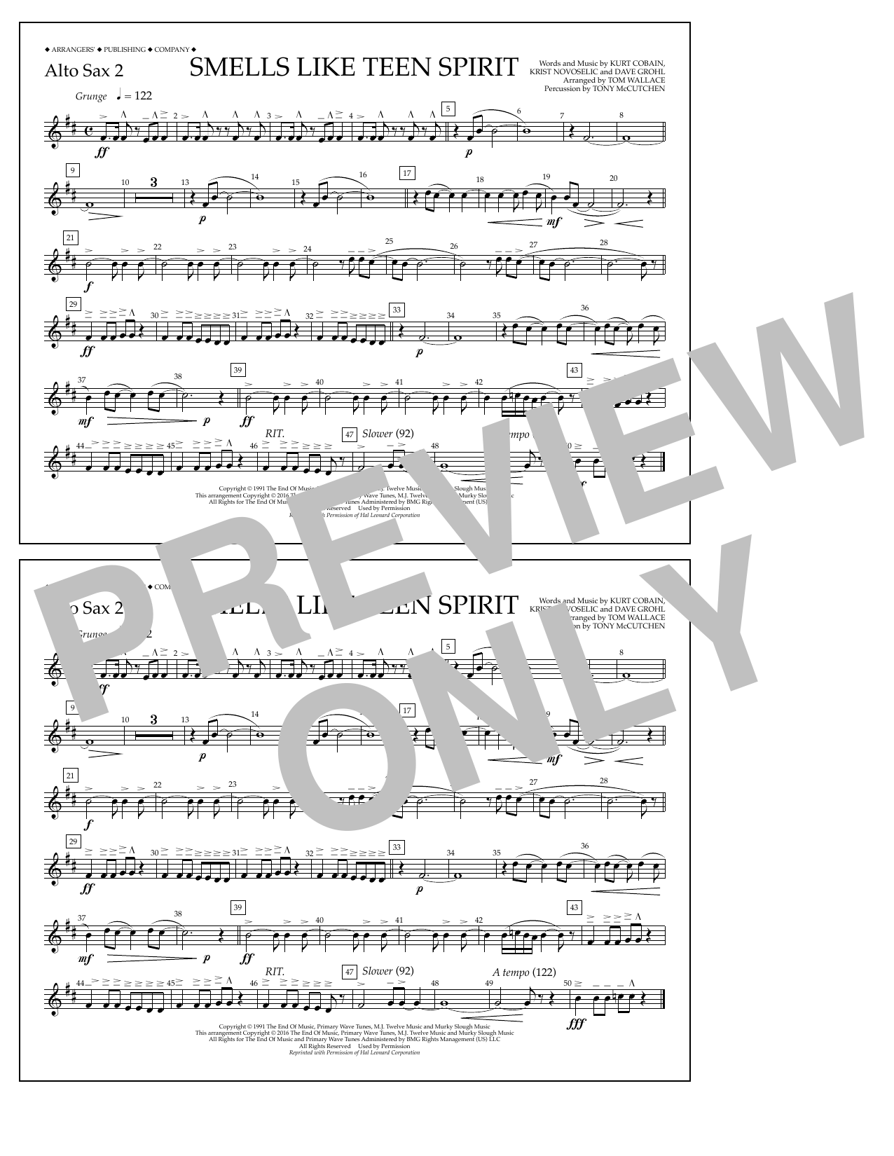 Tom Wallace Smells Like Teen Spirit - Alto Sax 2 sheet music notes and chords arranged for Marching Band