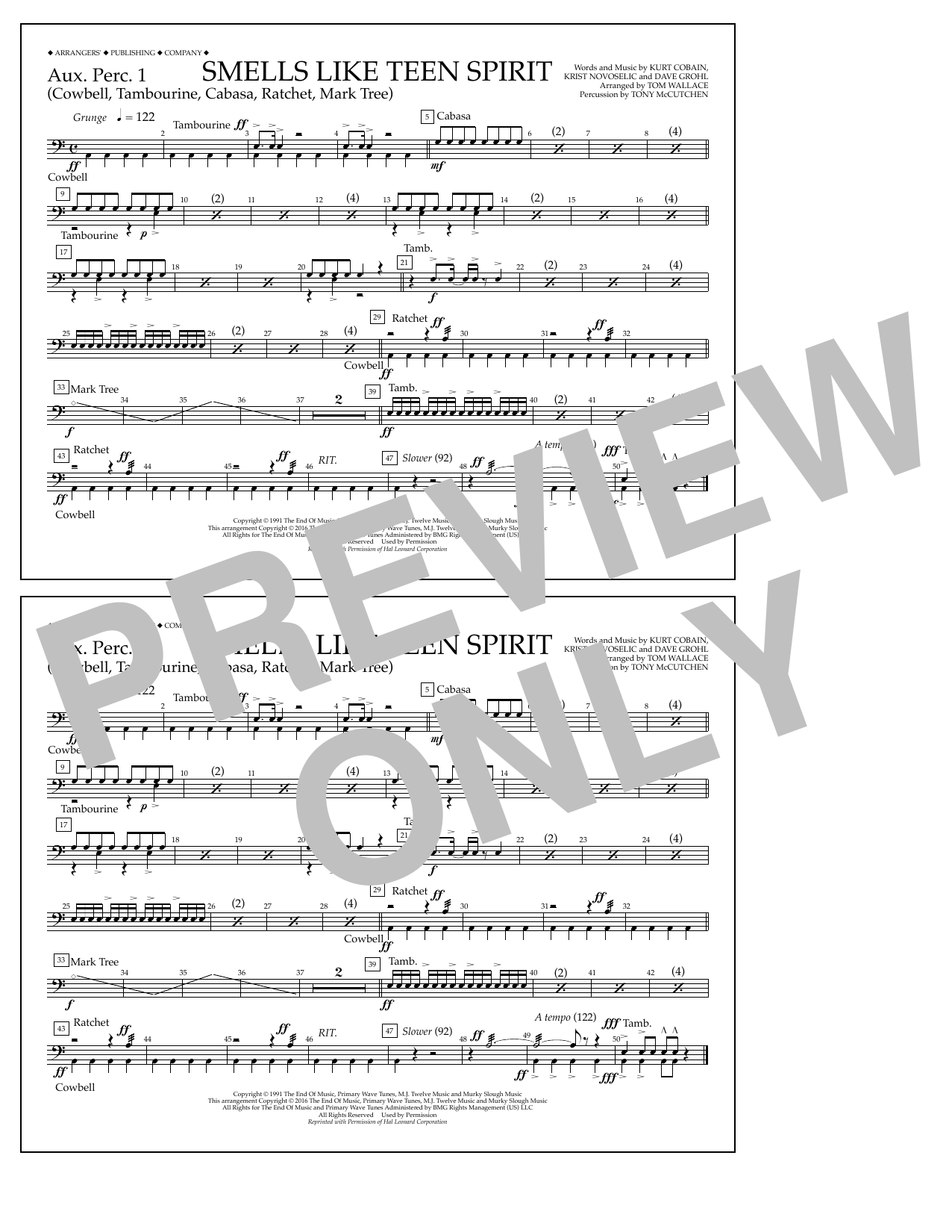 Tom Wallace Smells Like Teen Spirit - Aux. Perc. 1 sheet music notes and chords arranged for Marching Band