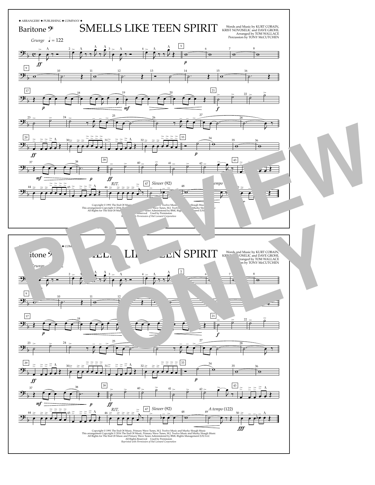 Tom Wallace Smells Like Teen Spirit - Baritone B.C. sheet music notes and chords arranged for Marching Band