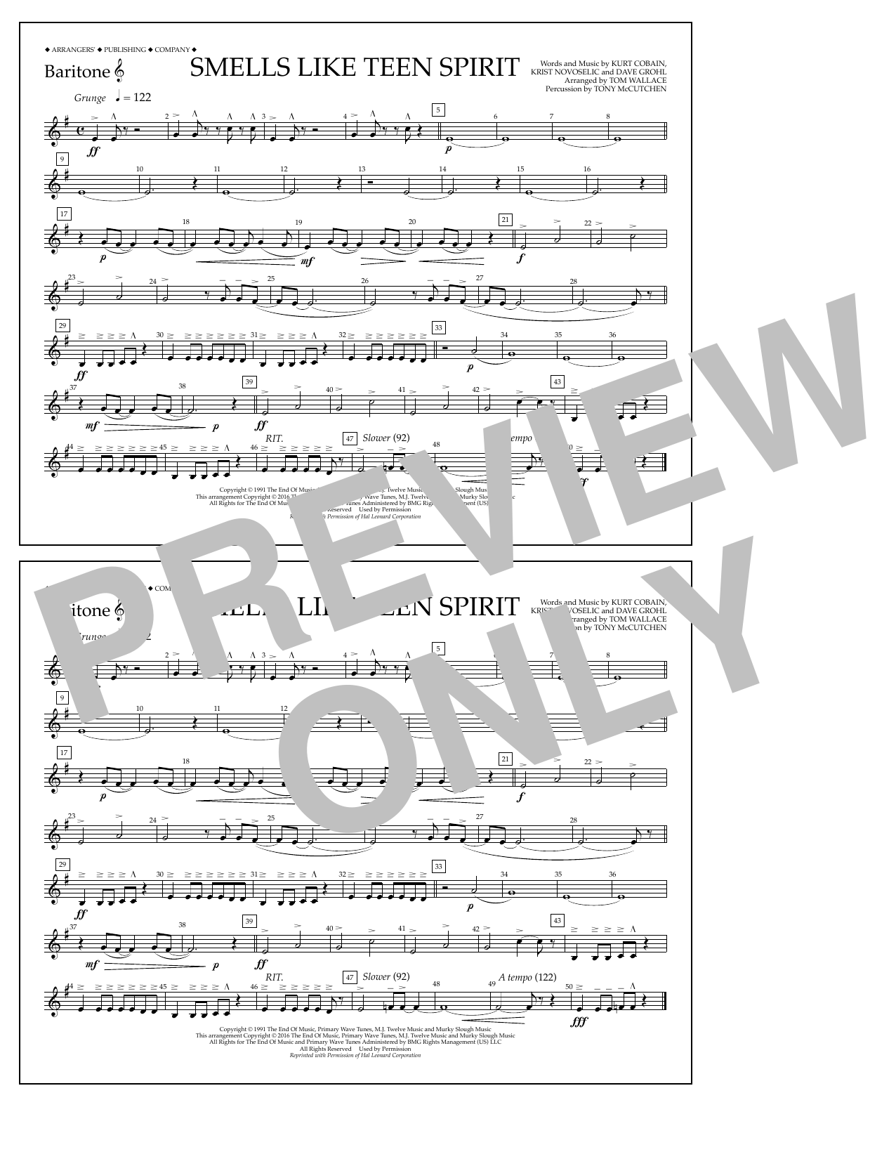 Tom Wallace Smells Like Teen Spirit - Baritone T.C. sheet music notes and chords arranged for Marching Band