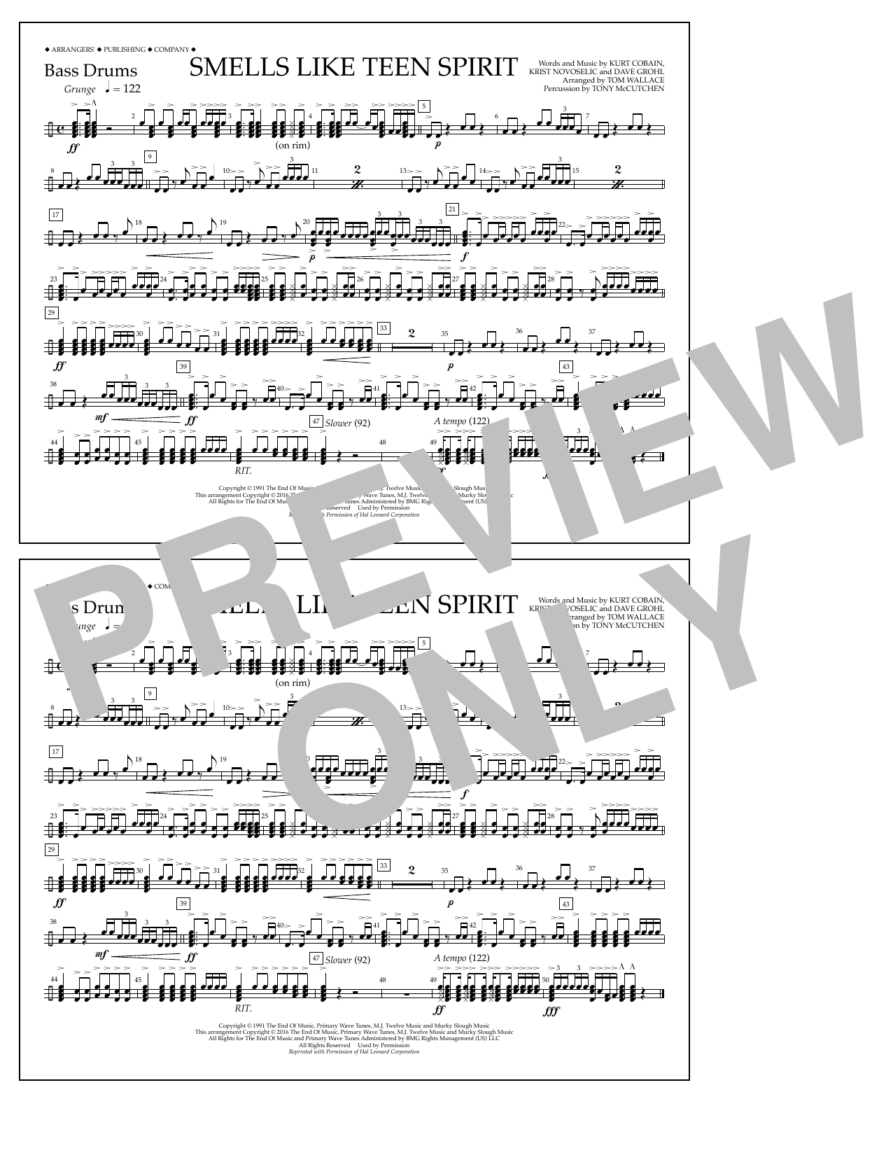 Tom Wallace Smells Like Teen Spirit - Bass Drums sheet music notes and chords arranged for Marching Band