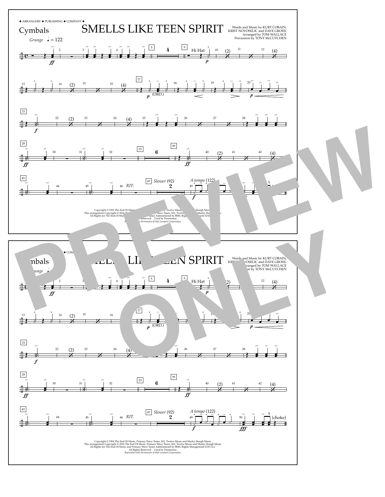 Tom Wallace Smells Like Teen Spirit - Cymbals sheet music notes and chords arranged for Marching Band