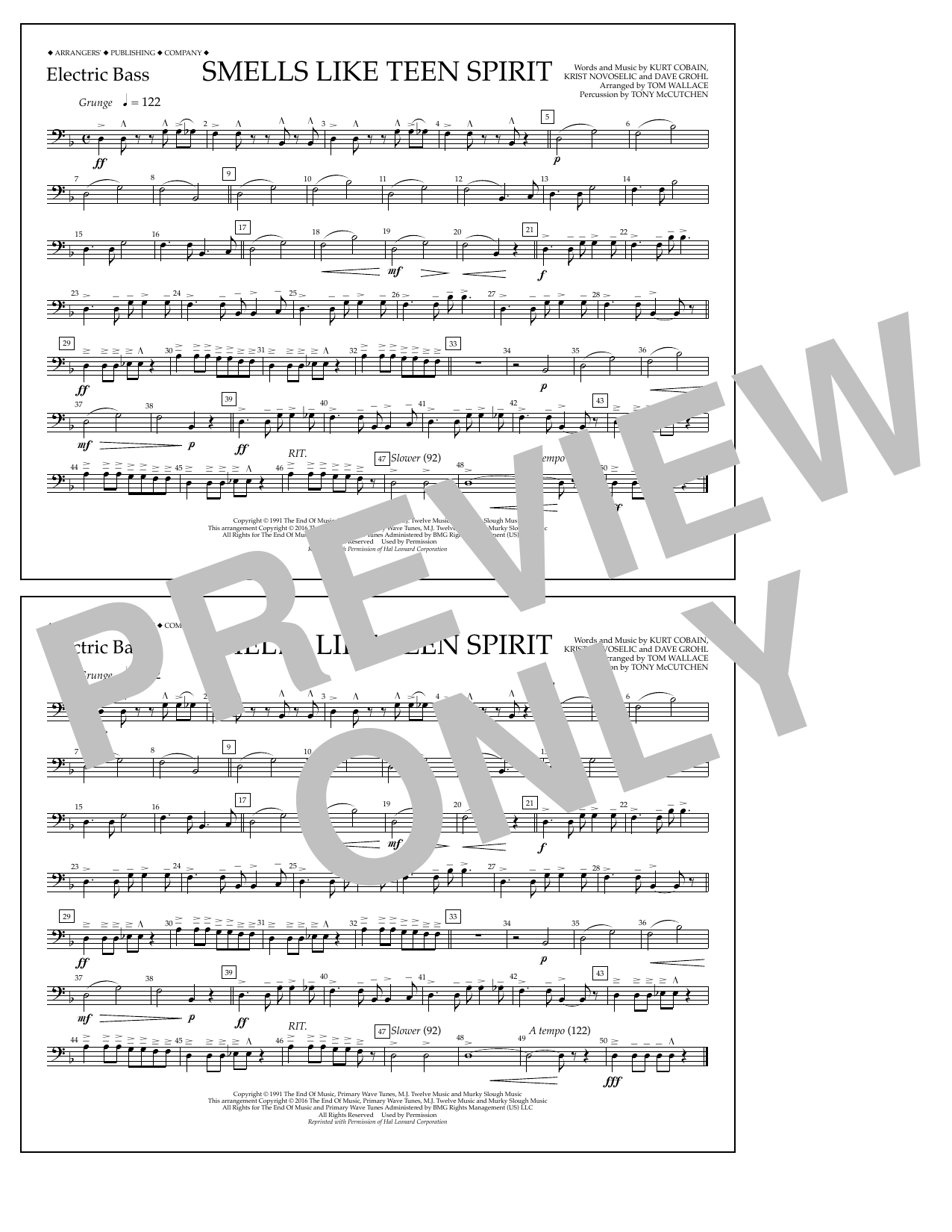 Tom Wallace Smells Like Teen Spirit - Electric Bass sheet music notes and chords arranged for Marching Band