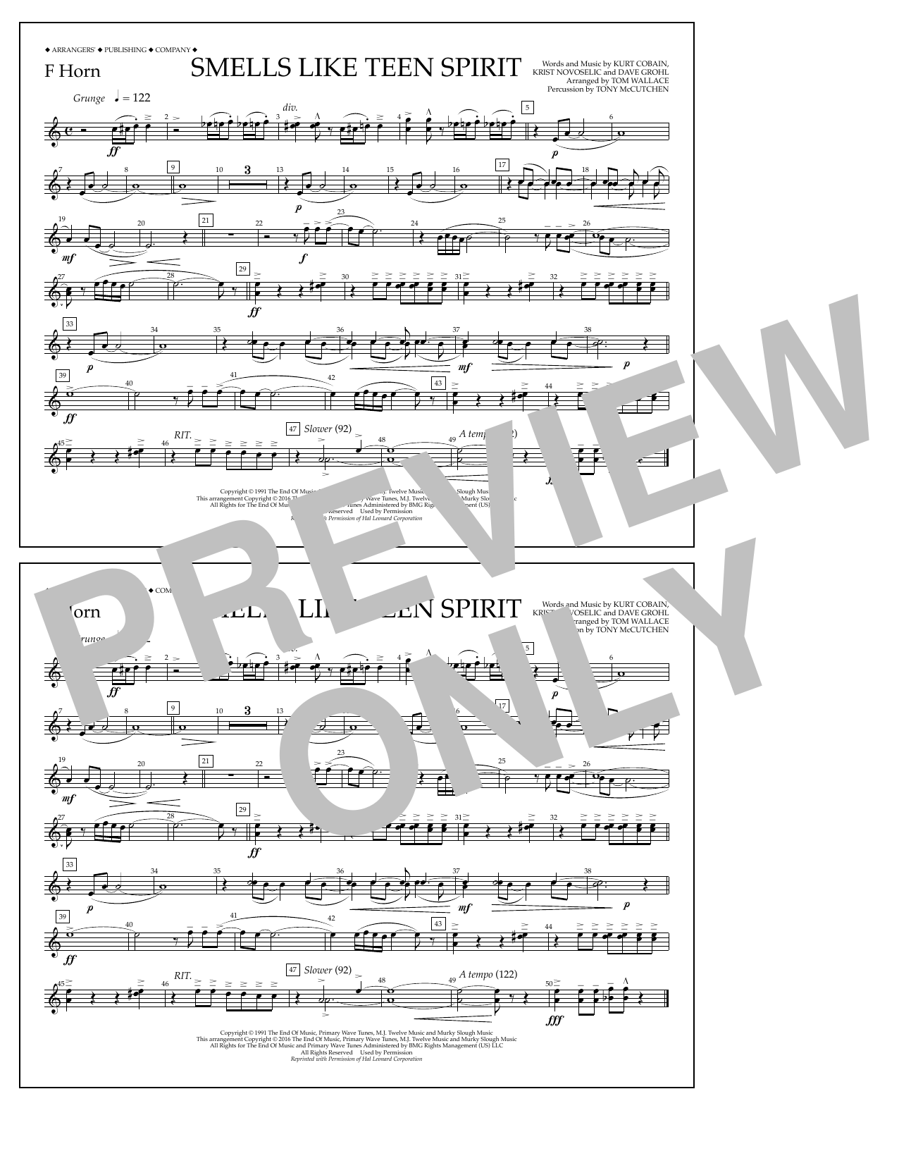 Tom Wallace Smells Like Teen Spirit - F Horn sheet music notes and chords arranged for Marching Band