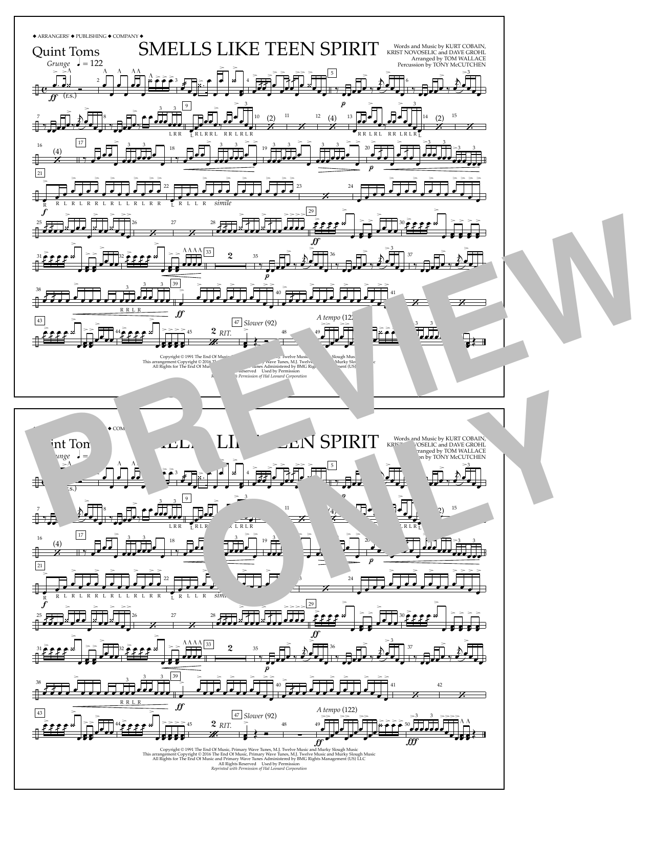Tom Wallace Smells Like Teen Spirit - Quint-Toms sheet music notes and chords arranged for Marching Band