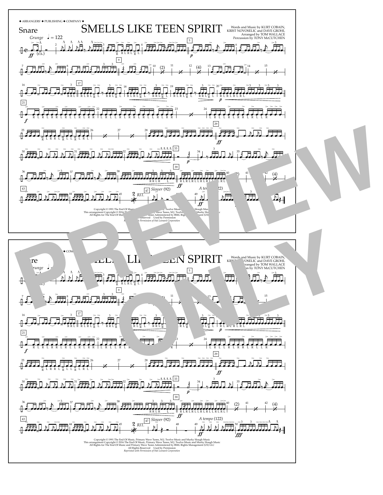 Tom Wallace Smells Like Teen Spirit - Snare sheet music notes and chords arranged for Marching Band