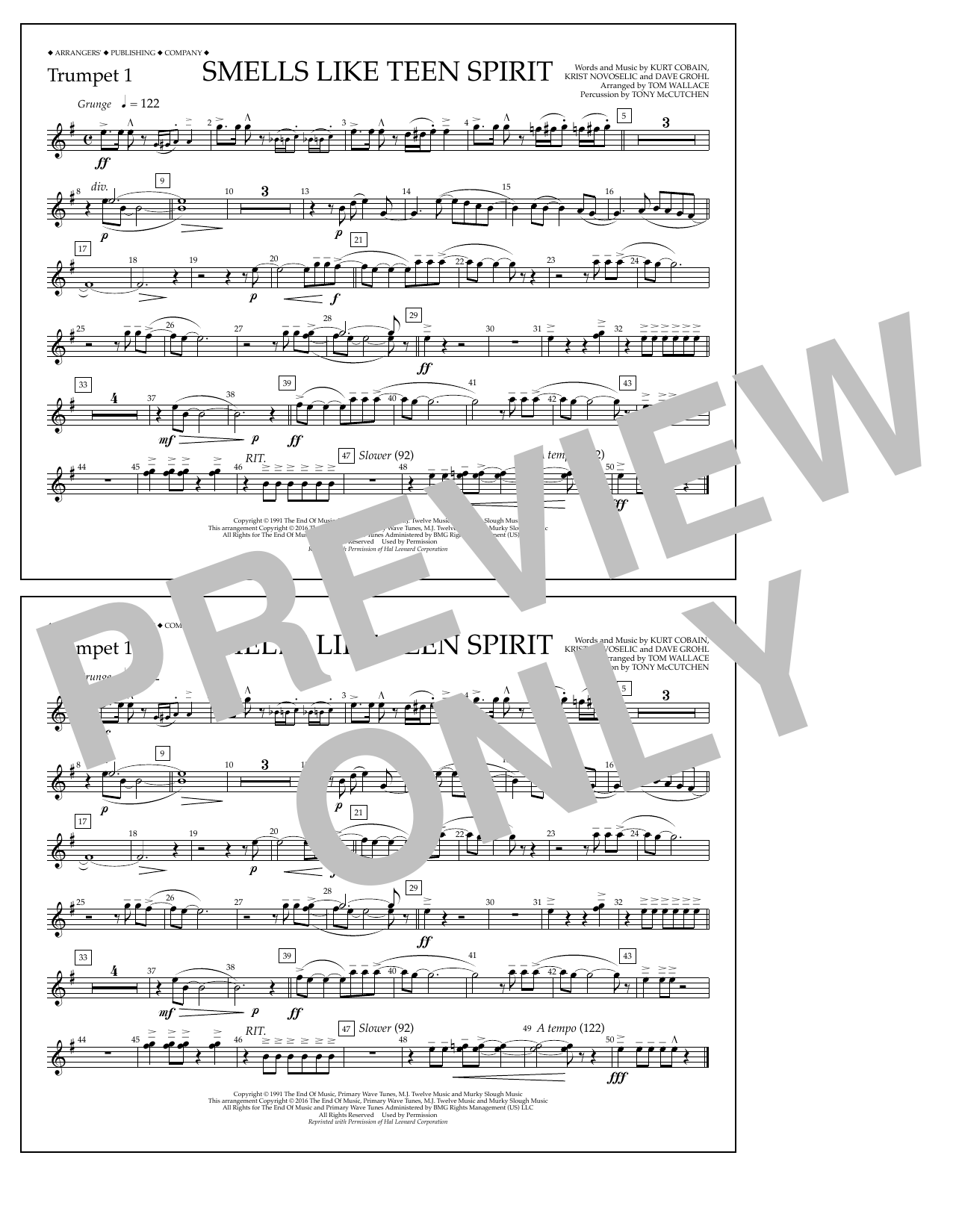 Tom Wallace Smells Like Teen Spirit - Trumpet 1 sheet music notes and chords arranged for Marching Band