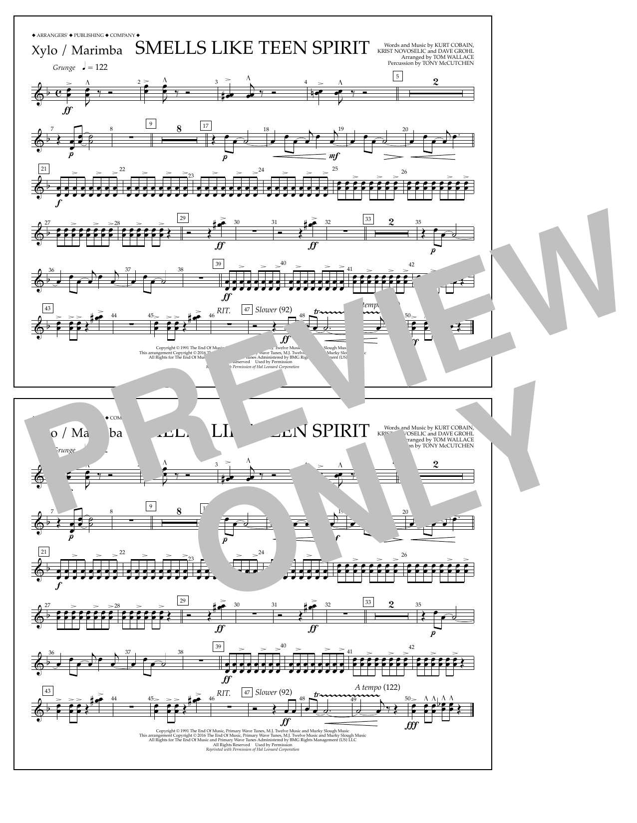 Tom Wallace Smells Like Teen Spirit - Xylophone/Marimba sheet music notes and chords arranged for Marching Band