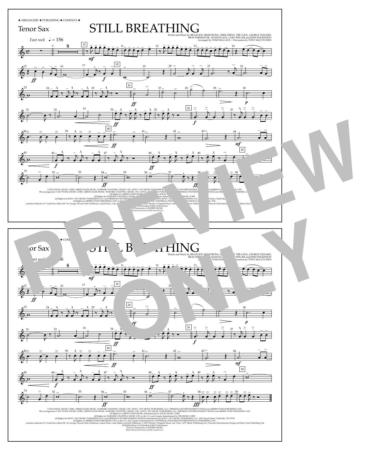 Tom Wallace Still Breathing - Tenor Sax sheet music notes and chords arranged for Marching Band