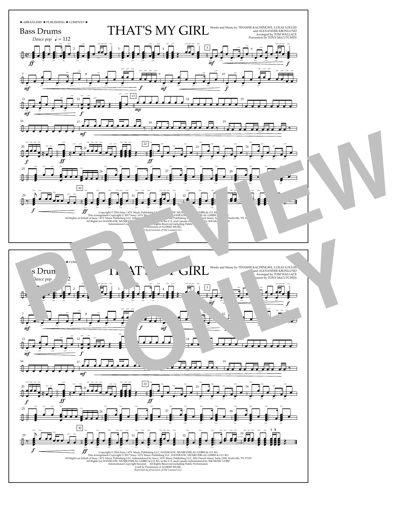 Tom Wallace That's My Girl - Bass Drums sheet music notes and chords arranged for Marching Band