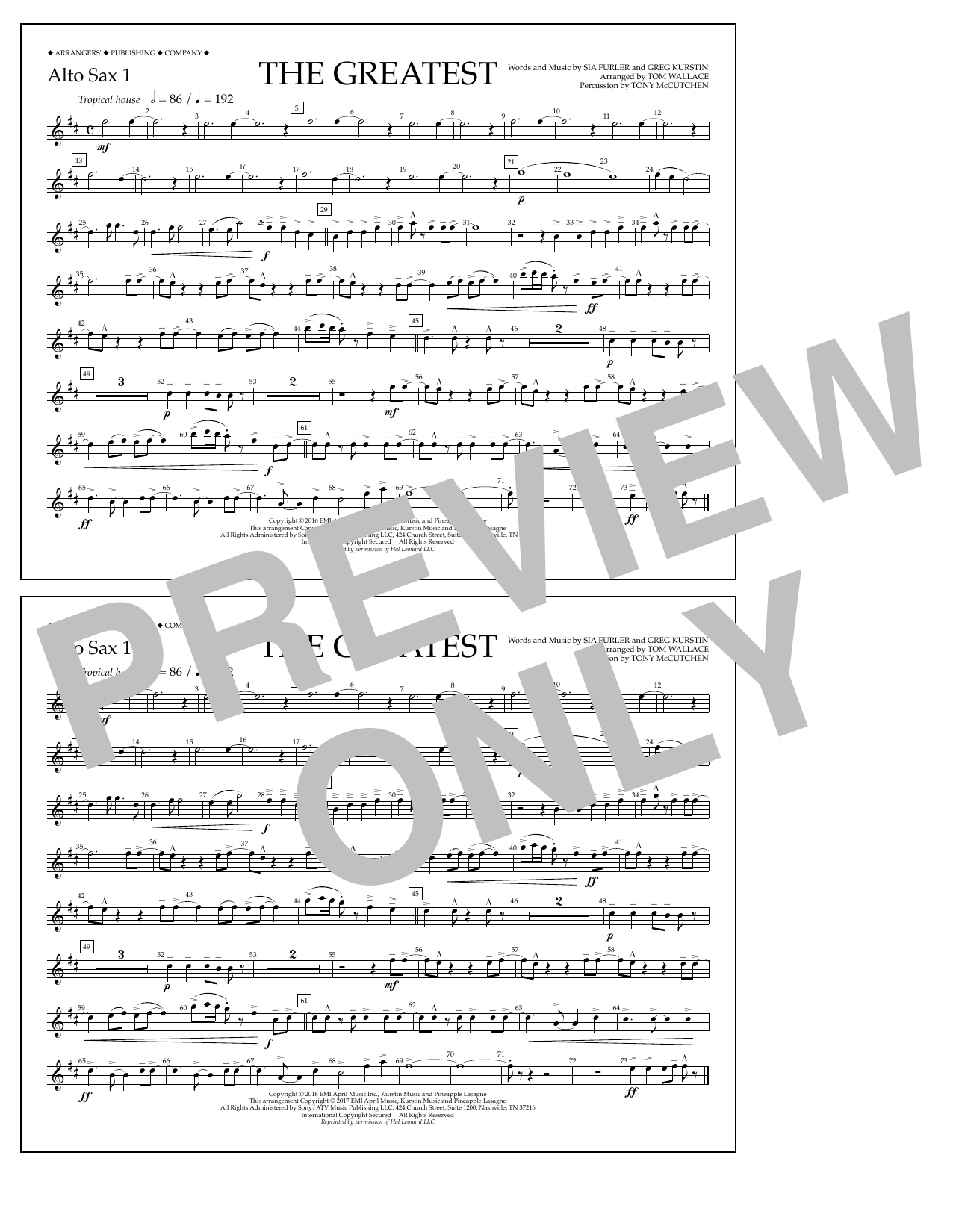 Tom Wallace The Greatest - Alto Sax 1 sheet music notes and chords arranged for Marching Band