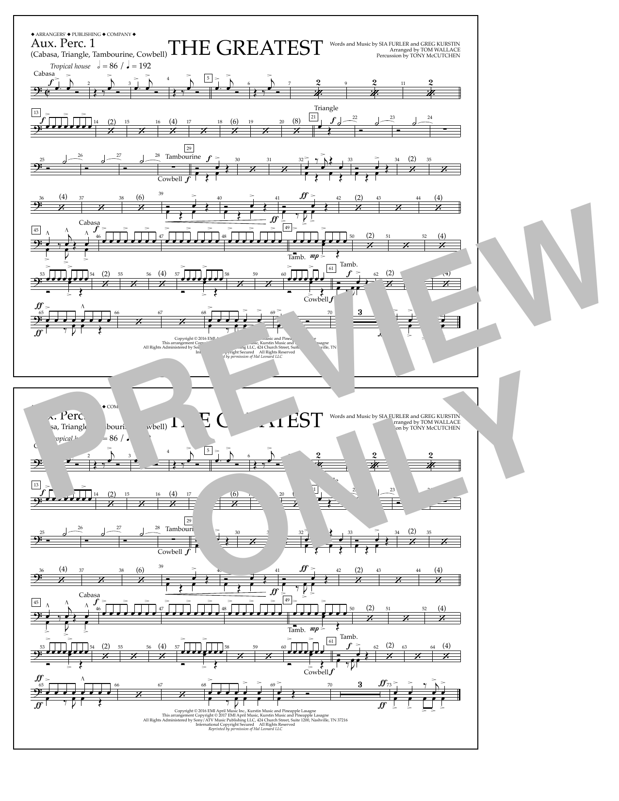 Tom Wallace The Greatest - Aux. Perc. 1 sheet music notes and chords arranged for Marching Band