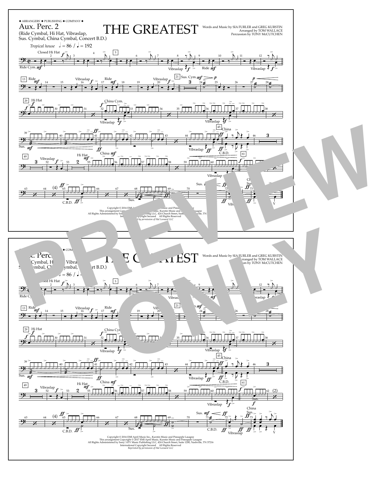 Tom Wallace The Greatest - Aux. Perc. 2 sheet music notes and chords arranged for Marching Band