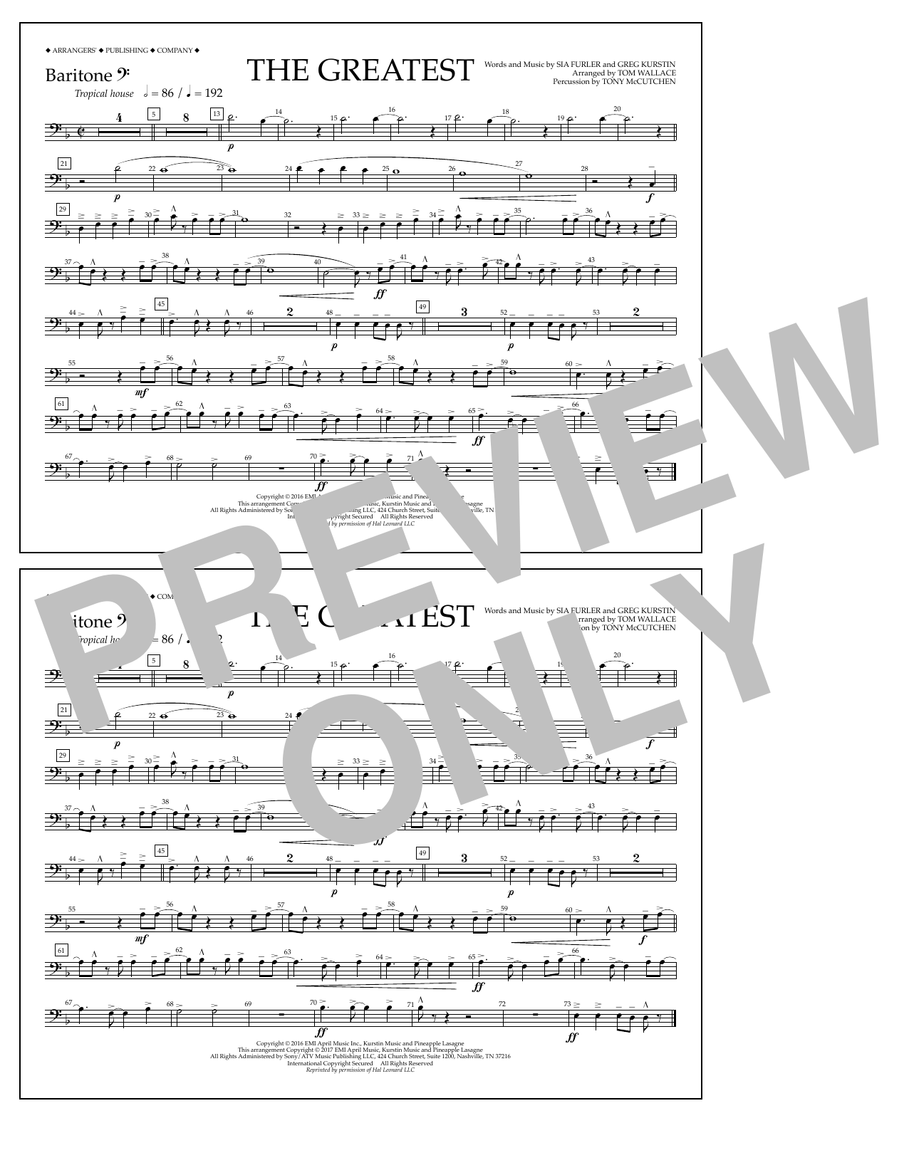 Tom Wallace The Greatest - Baritone B.C. sheet music notes and chords arranged for Marching Band