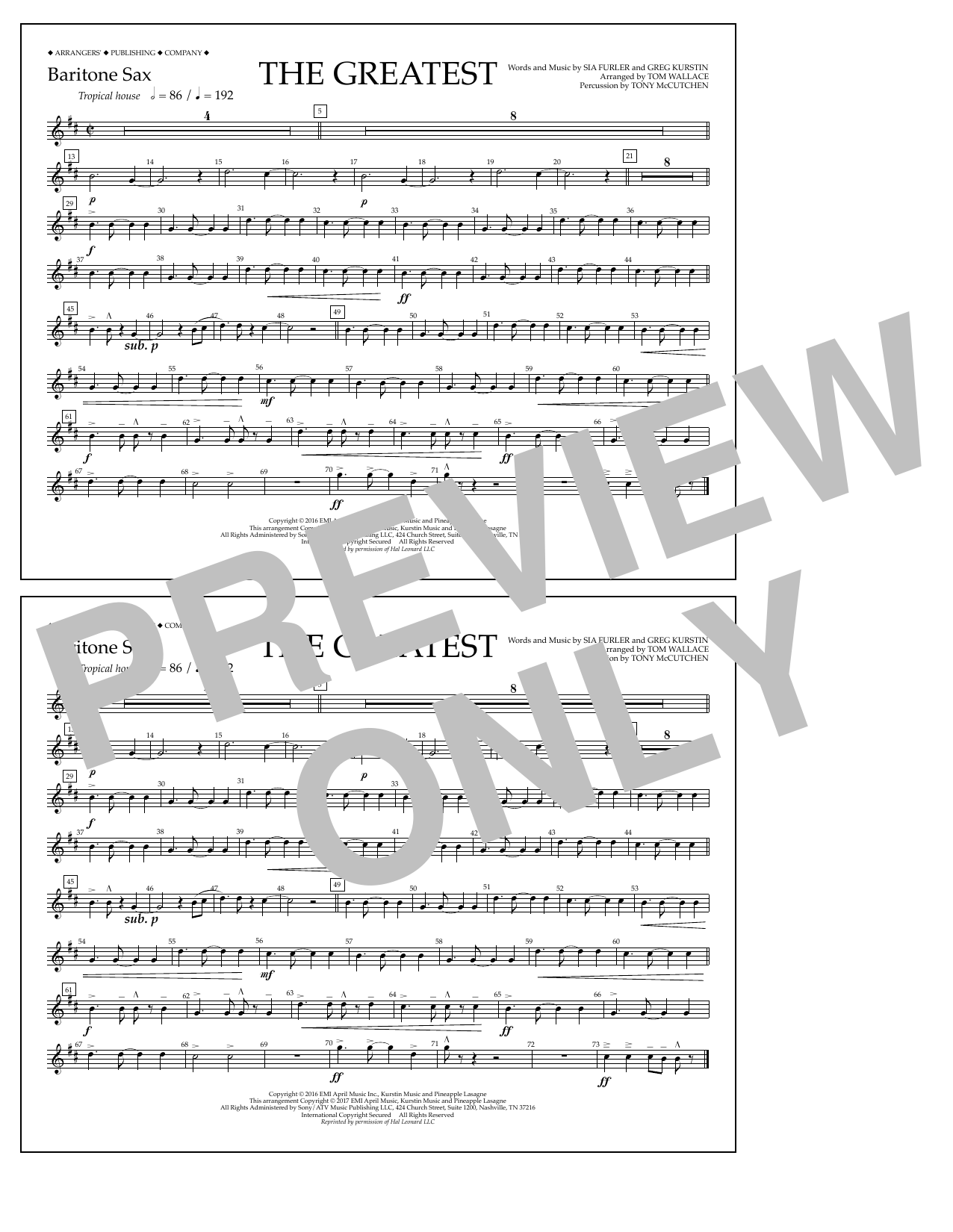 Tom Wallace The Greatest - Baritone Sax sheet music notes and chords arranged for Marching Band