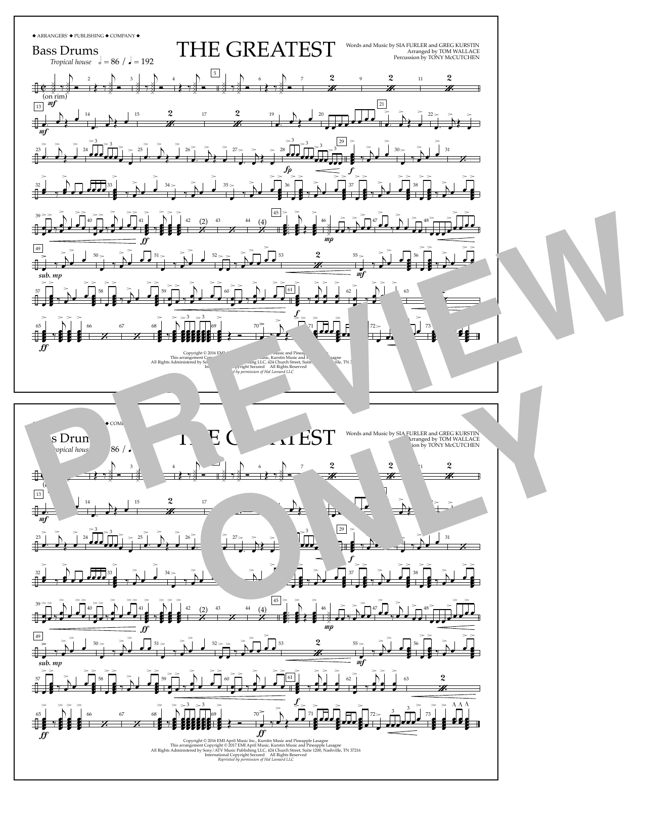 Tom Wallace The Greatest - Bass Drums sheet music notes and chords arranged for Marching Band