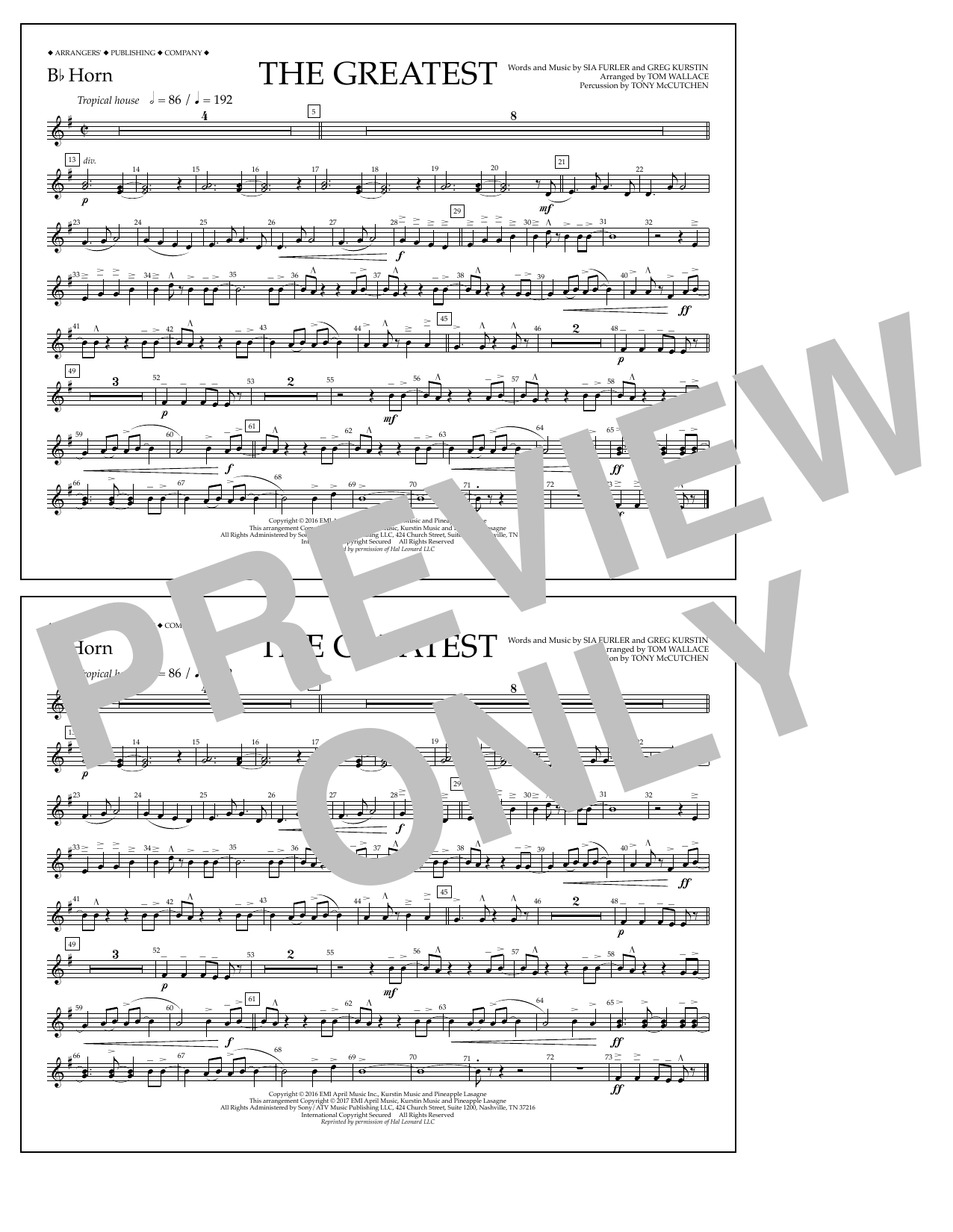 Tom Wallace The Greatest - Bb Horn sheet music notes and chords arranged for Marching Band