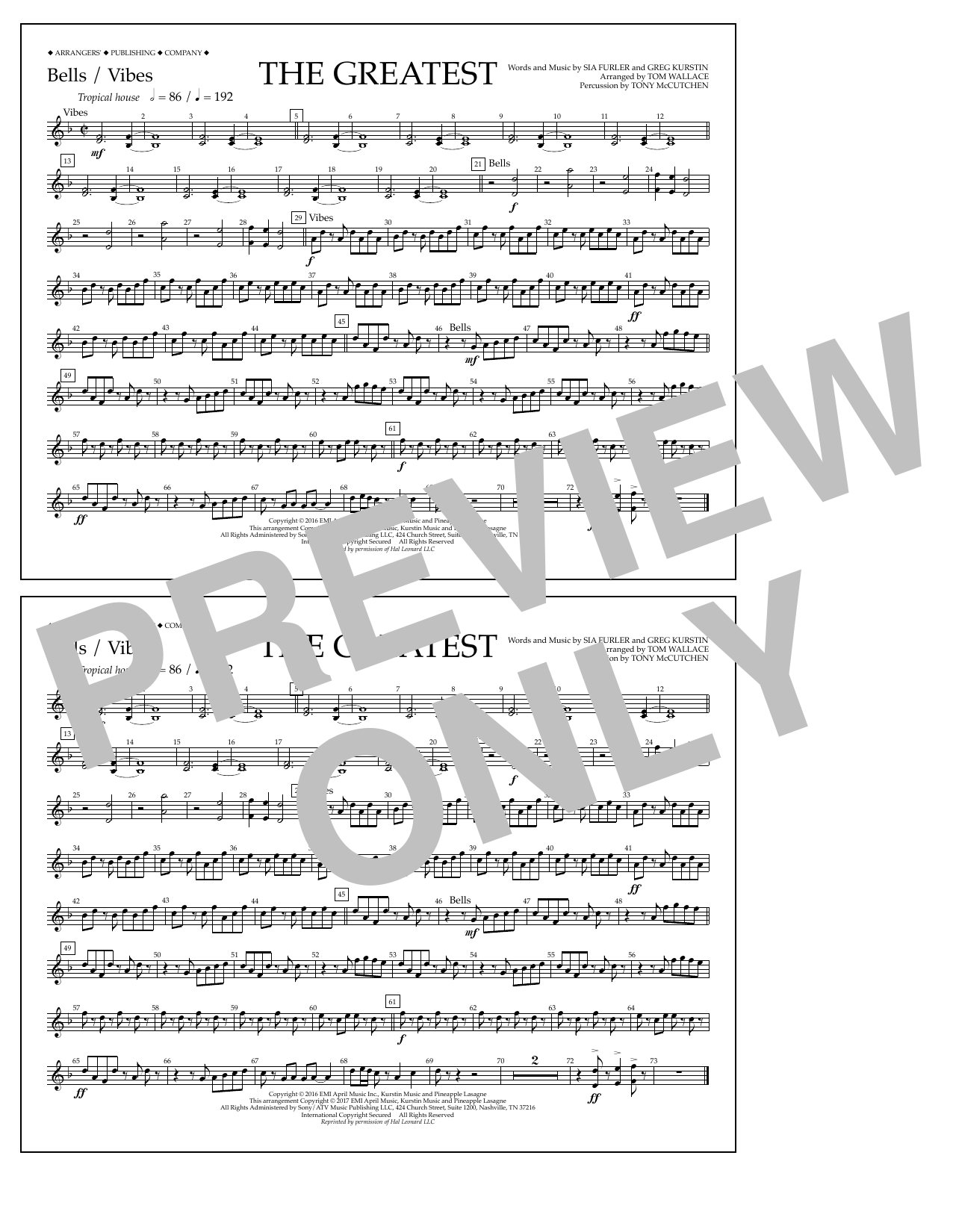 Tom Wallace The Greatest - Bells/Vibes sheet music notes and chords arranged for Marching Band