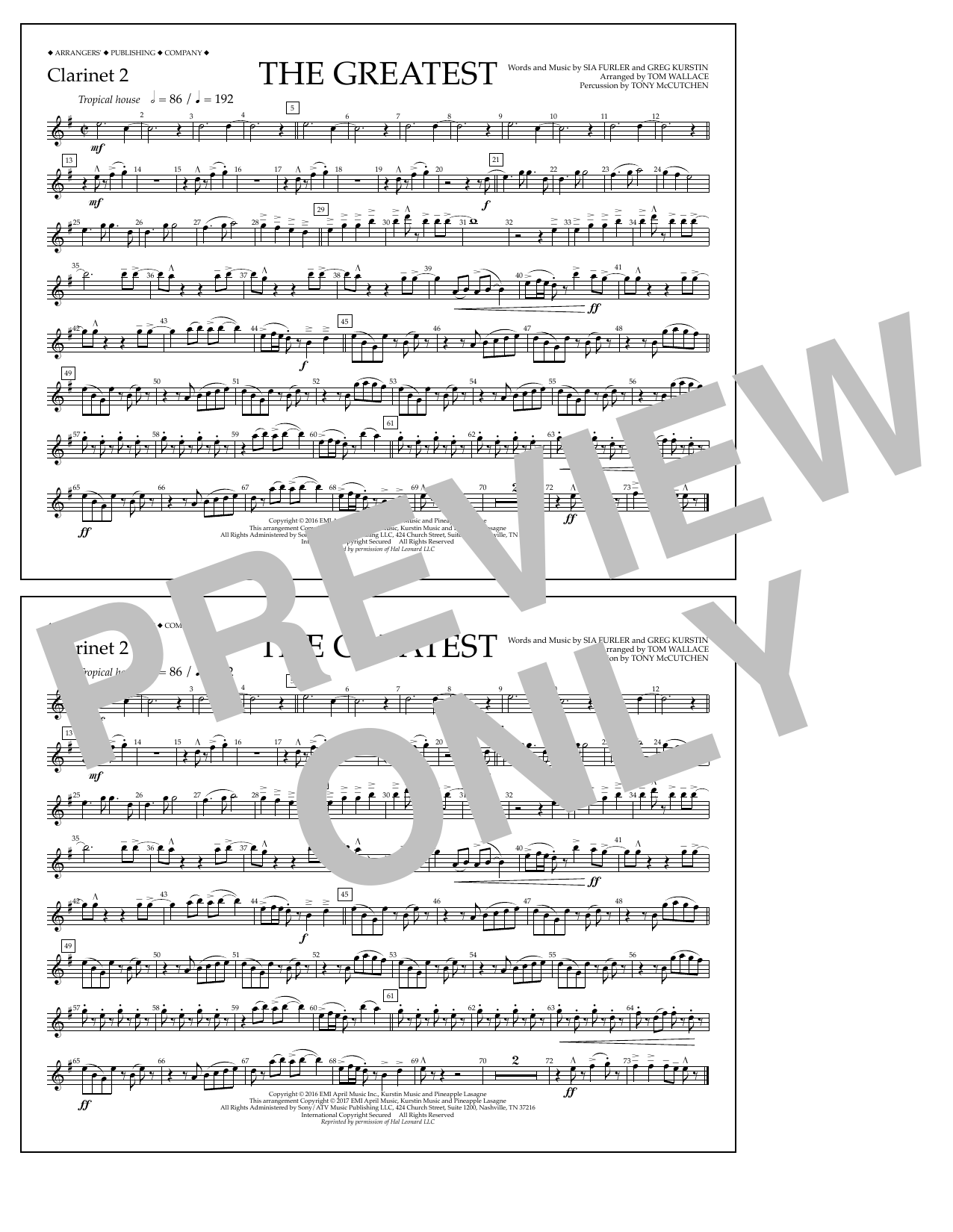 Tom Wallace The Greatest - Clarinet 2 sheet music notes and chords arranged for Marching Band
