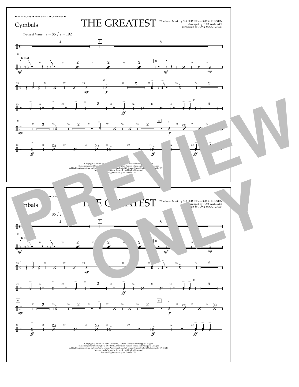 Tom Wallace The Greatest - Cymbals sheet music notes and chords arranged for Marching Band