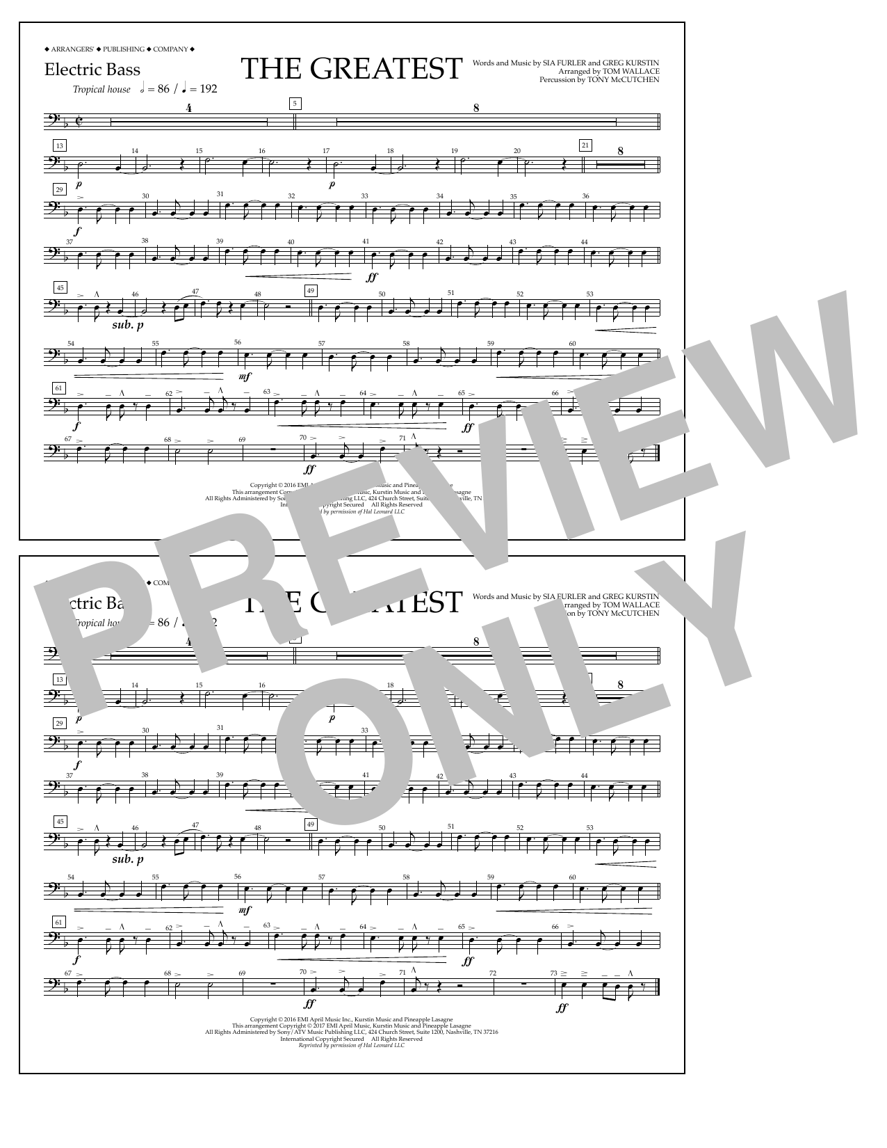 Tom Wallace The Greatest - Electric Bass sheet music notes and chords arranged for Marching Band