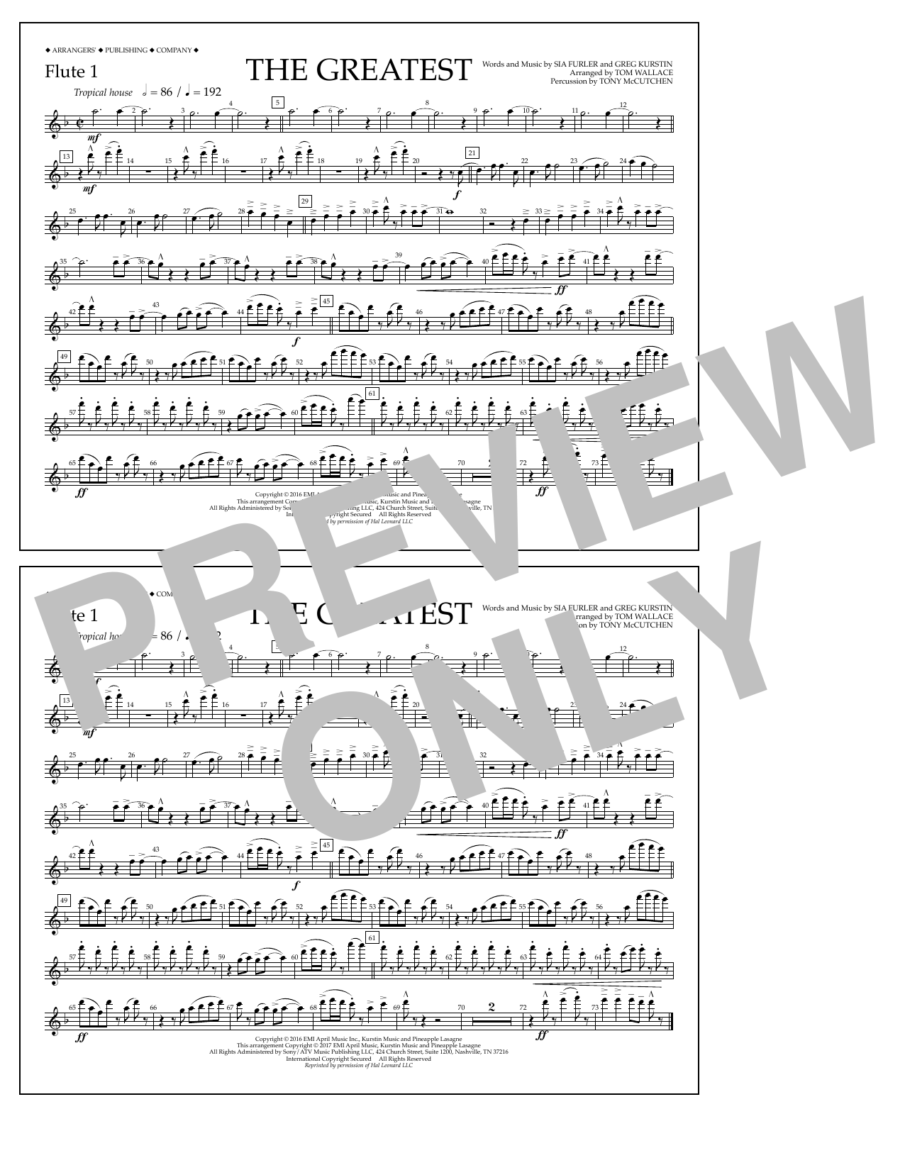 Tom Wallace The Greatest - Flute 1 sheet music notes and chords arranged for Marching Band