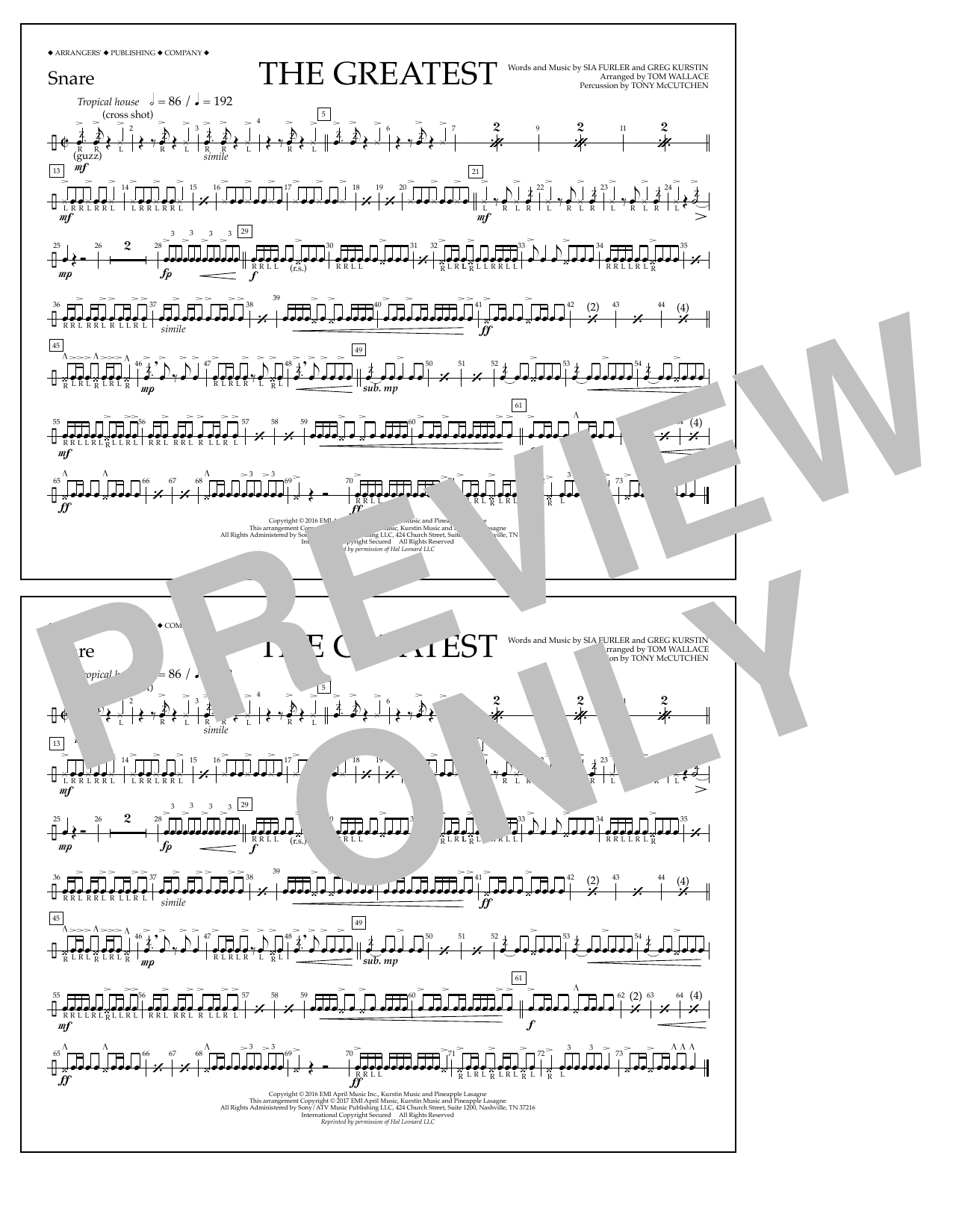 Tom Wallace The Greatest - Snare sheet music notes and chords arranged for Marching Band