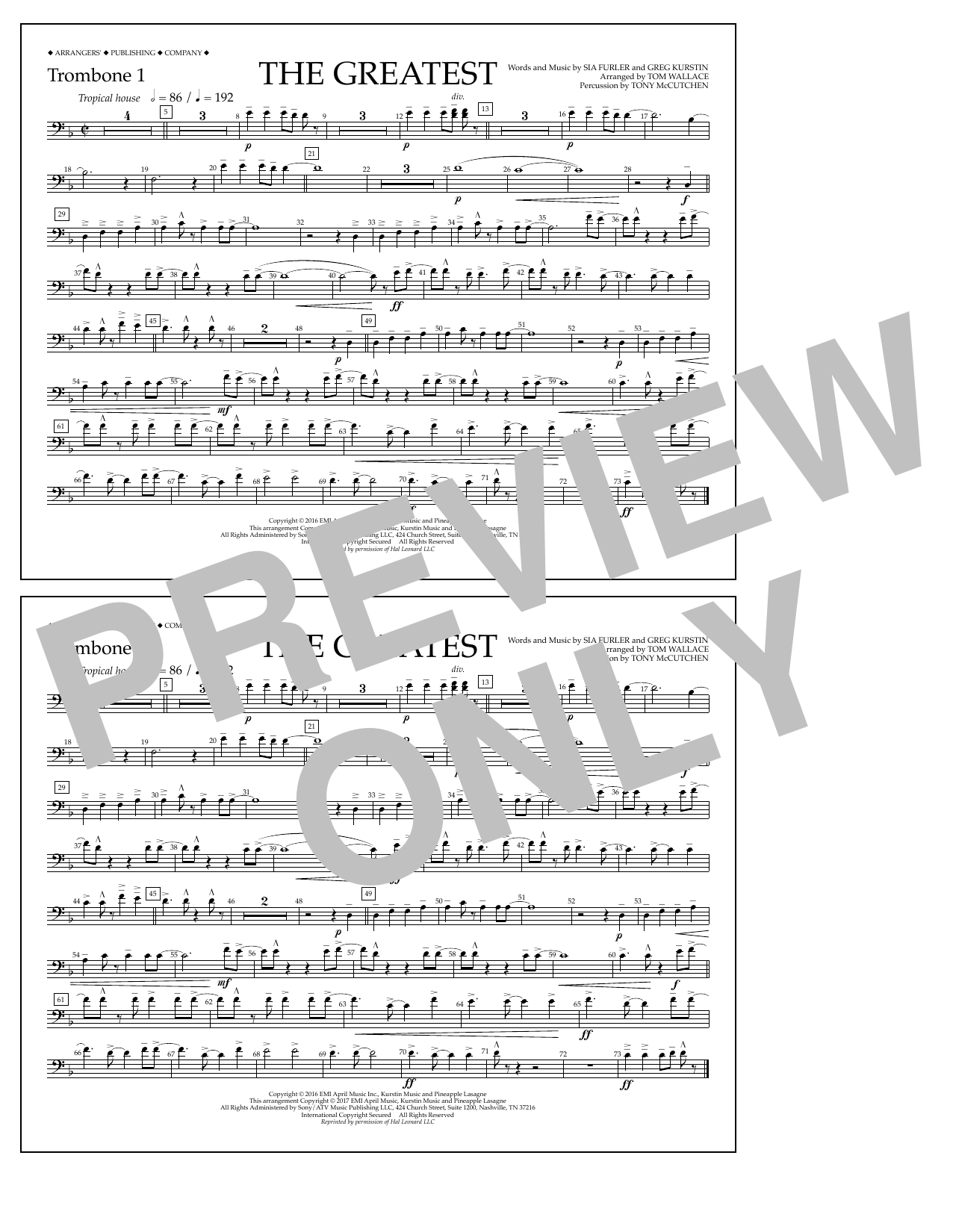 Tom Wallace The Greatest - Trombone 1 sheet music notes and chords arranged for Marching Band