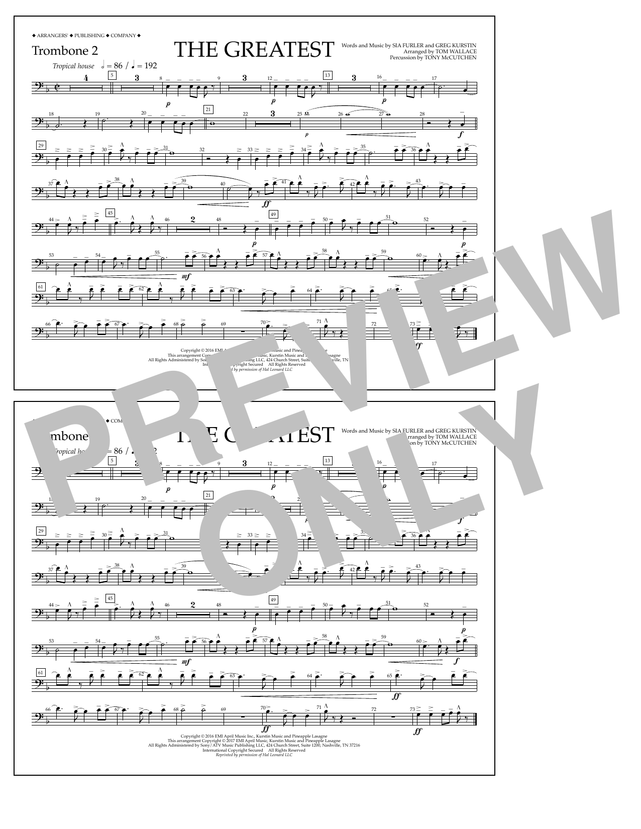 Tom Wallace The Greatest - Trombone 2 sheet music notes and chords arranged for Marching Band