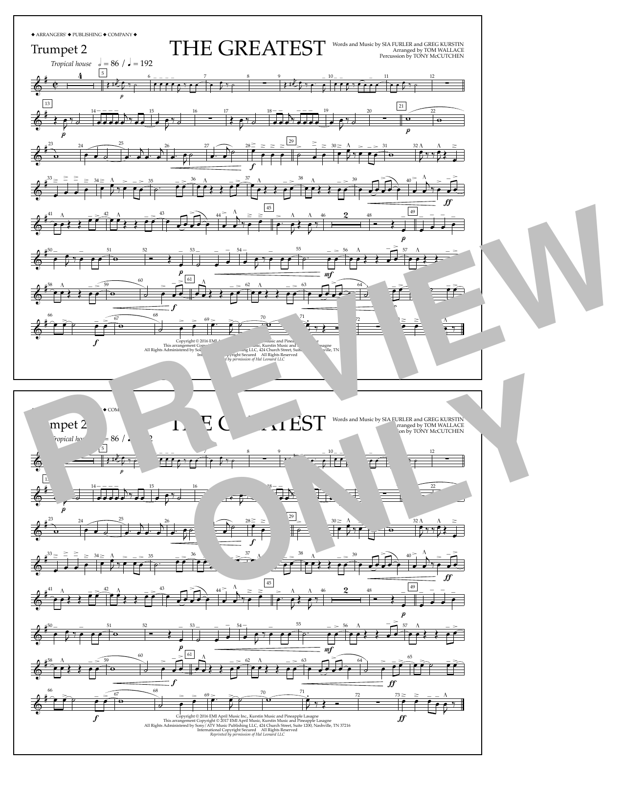 Tom Wallace The Greatest - Trumpet 2 sheet music notes and chords arranged for Marching Band