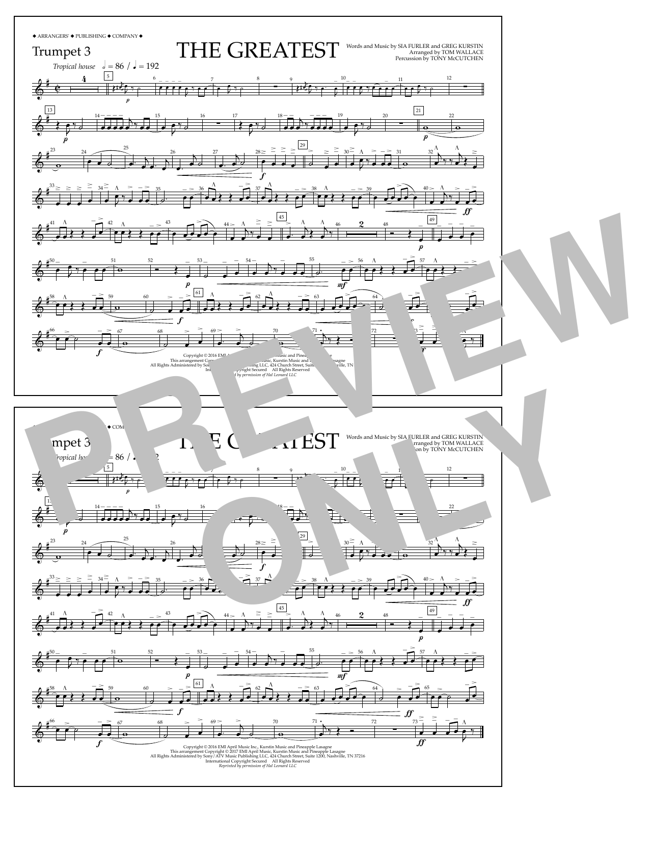 Tom Wallace The Greatest - Trumpet 3 sheet music notes and chords arranged for Marching Band