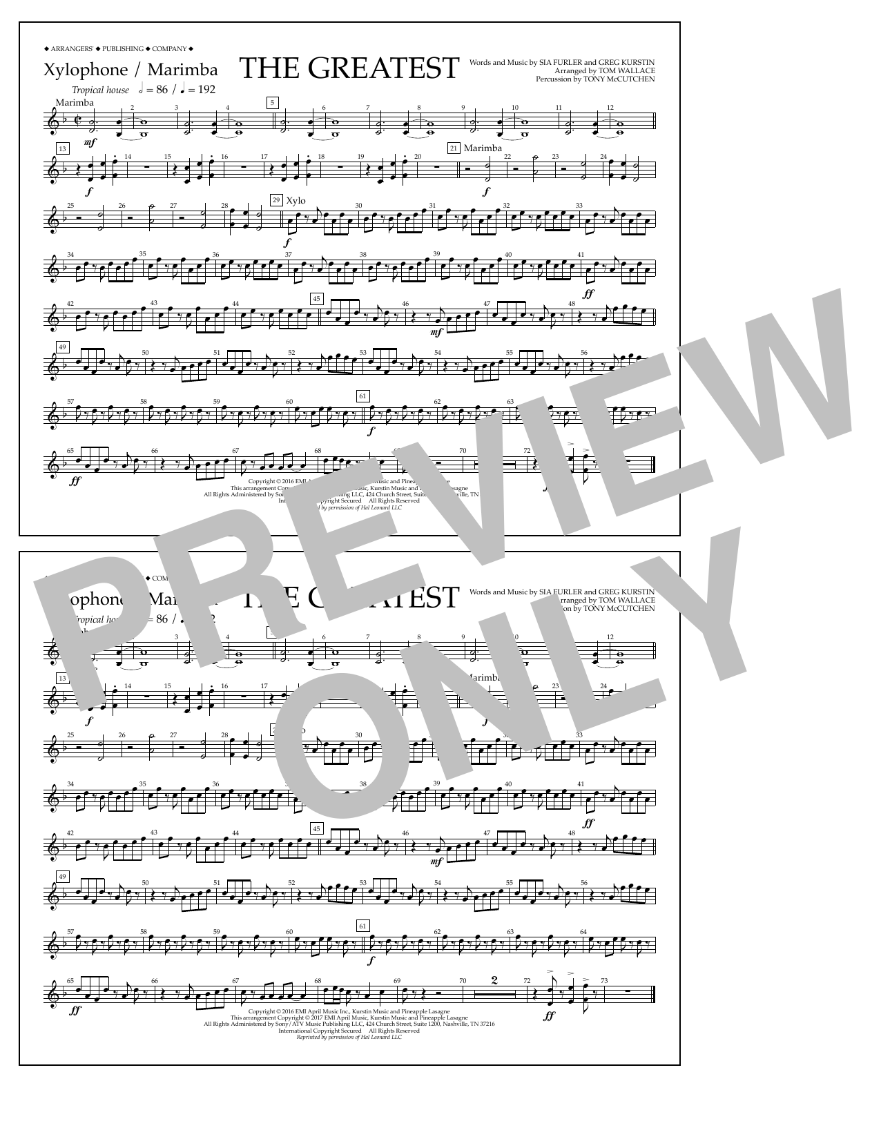 Tom Wallace The Greatest - Xylophone/Marimba sheet music notes and chords arranged for Marching Band