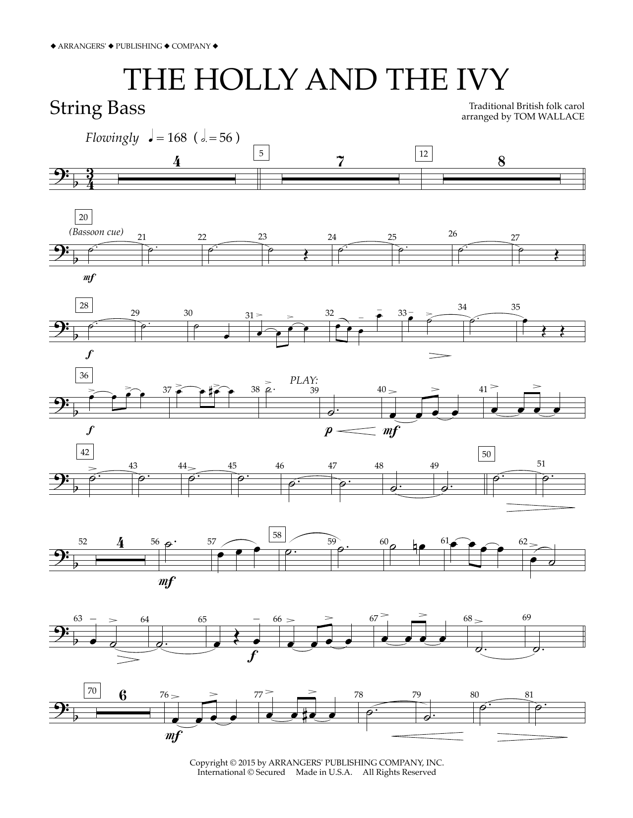 Tom Wallace The Holly and the Ivy - String Bass sheet music notes and chords arranged for Concert Band