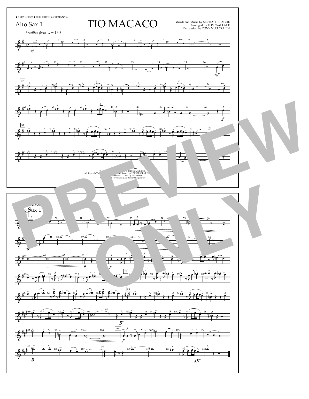 Tom Wallace Tio Macaco - Alto Sax 1 sheet music notes and chords arranged for Marching Band