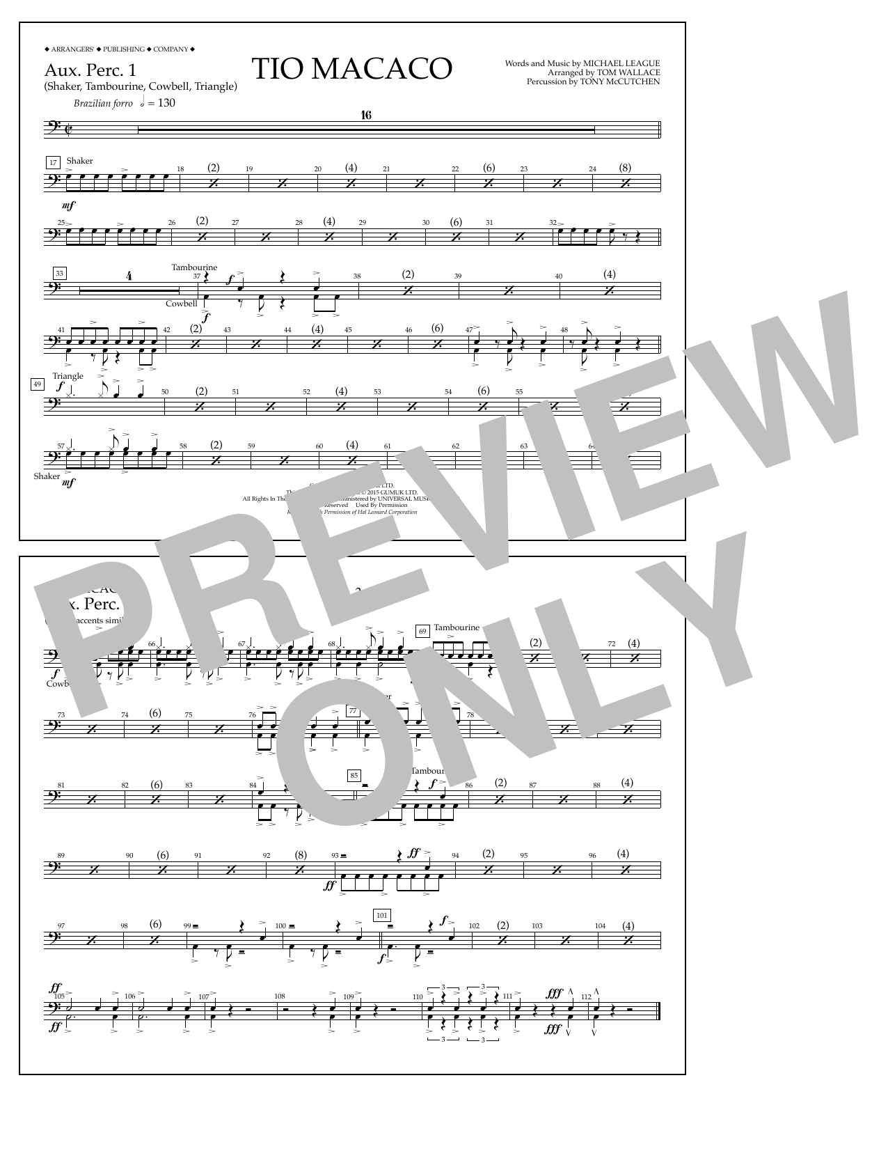 Tom Wallace Tio Macaco - Aux. Perc. 1 sheet music notes and chords arranged for Marching Band