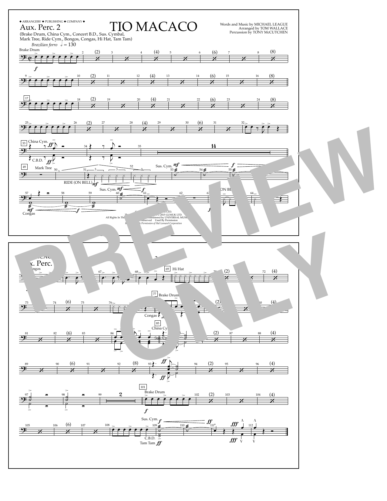 Tom Wallace Tio Macaco - Aux. Perc. 2 sheet music notes and chords arranged for Marching Band