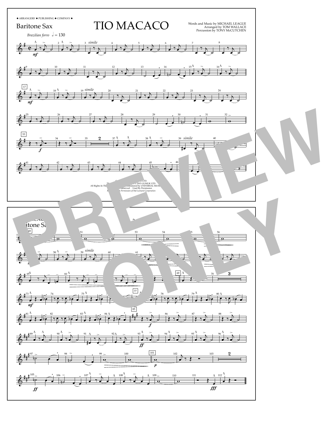 Tom Wallace Tio Macaco - Baritone Sax sheet music notes and chords arranged for Marching Band