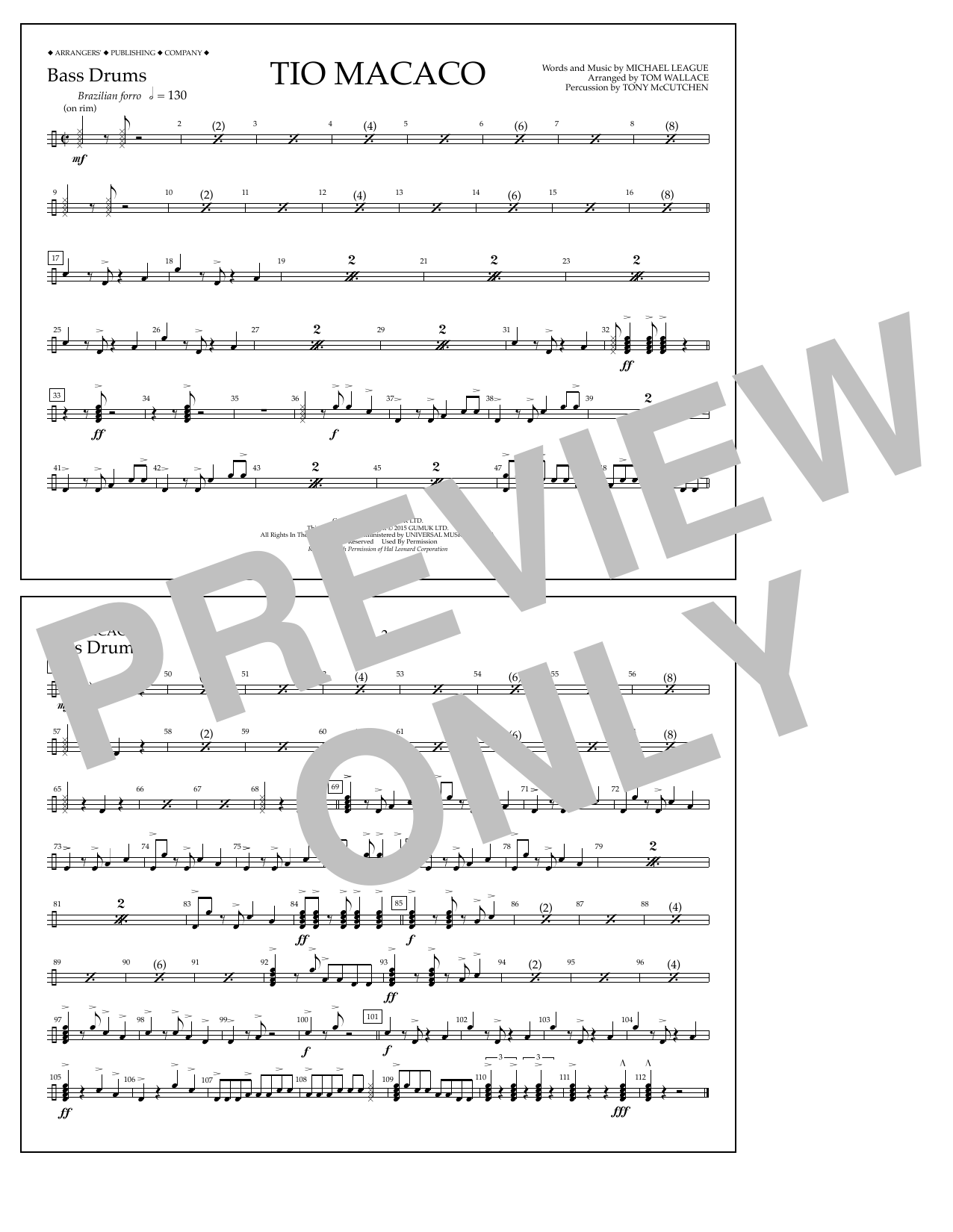 Tom Wallace Tio Macaco - Bass Drums sheet music notes and chords arranged for Marching Band