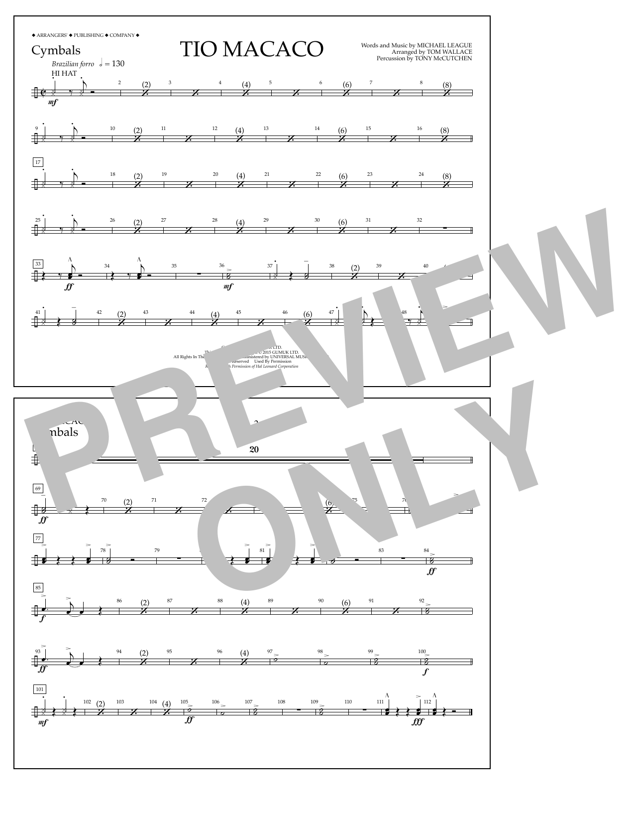 Tom Wallace Tio Macaco - Cymbals sheet music notes and chords arranged for Marching Band