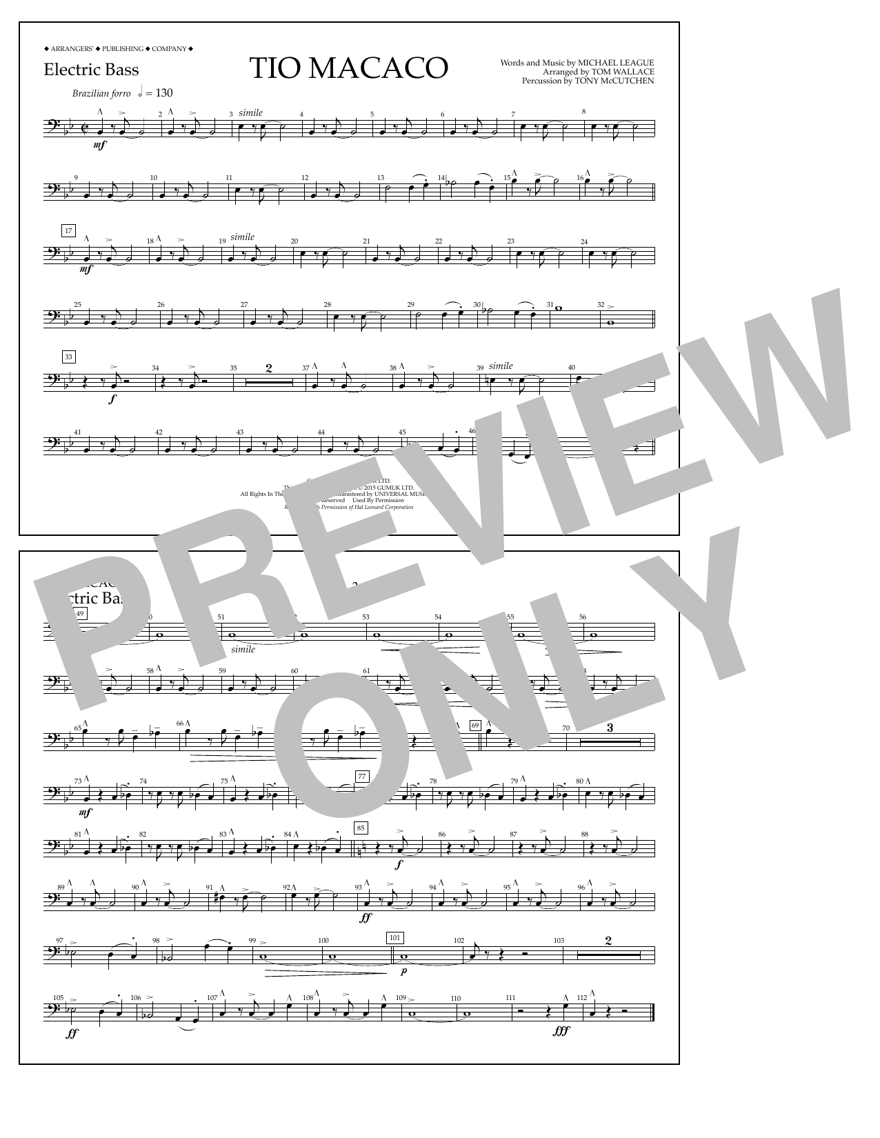 Tom Wallace Tio Macaco - Electric Bass sheet music notes and chords arranged for Marching Band