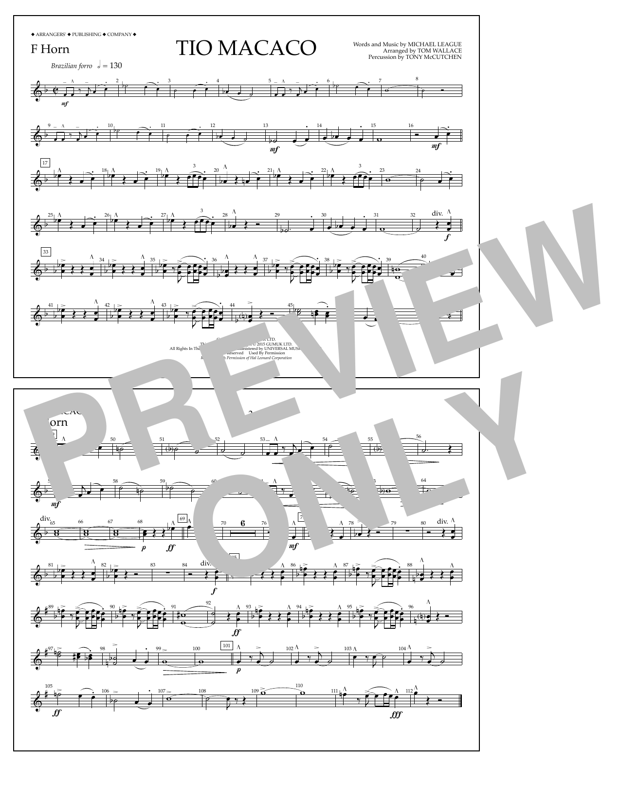 Tom Wallace Tio Macaco - F Horn sheet music notes and chords arranged for Marching Band
