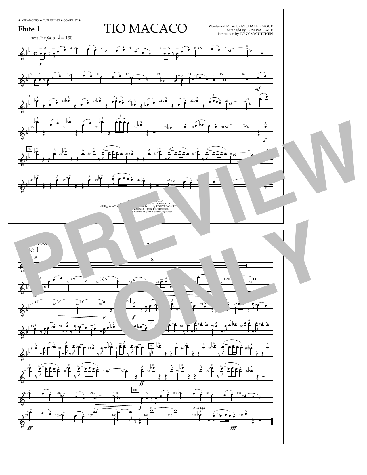 Tom Wallace Tio Macaco - Flute 1 sheet music notes and chords arranged for Marching Band